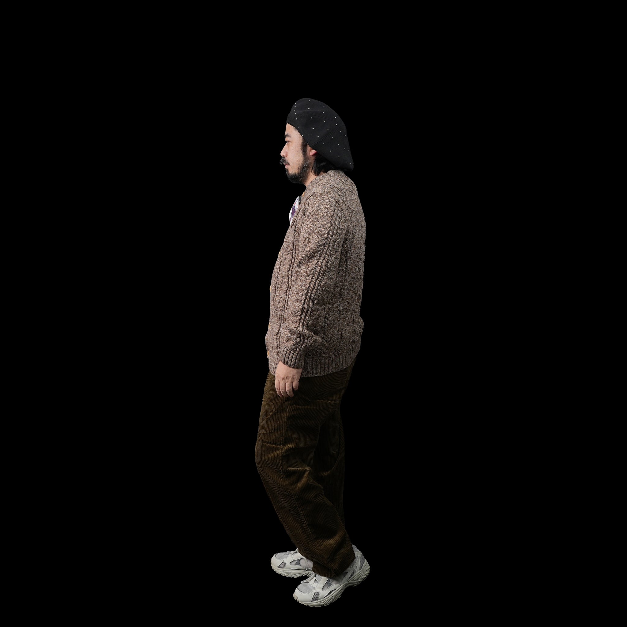 KW-0005 | Aran Cable Collarless Cardigan Heavy | Color:Midnight/Fenland Tweed【KERRY WOOLLEN MILLS】