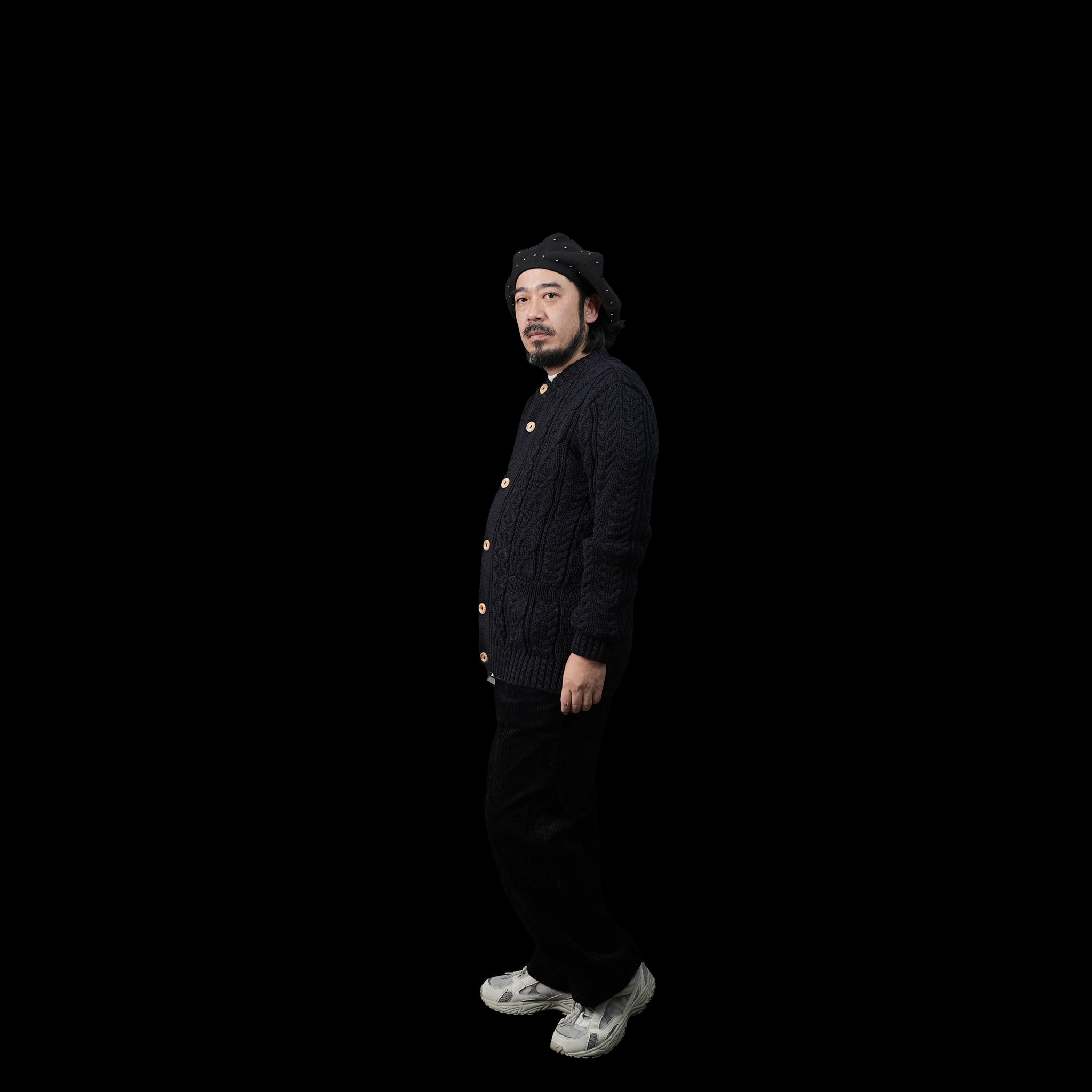 KW-0005 | Aran Cable Collarless Cardigan Heavy | Color:Midnight/Fenland Tweed【KERRY WOOLLEN MILLS】