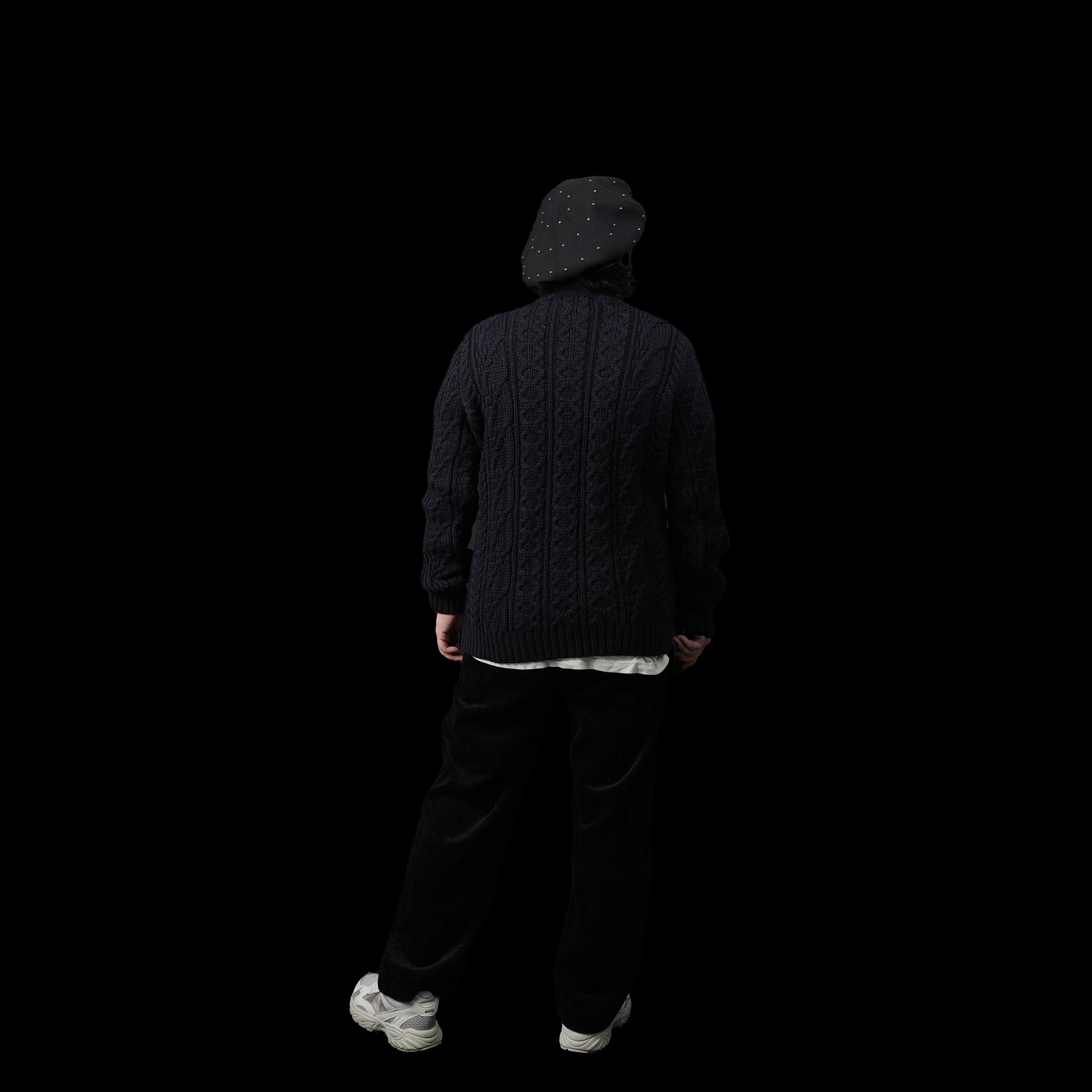 KW-0005 | Aran Cable Collarless Cardigan Heavy | Color:Midnight/Fenland Tweed【KERRY WOOLLEN MILLS】