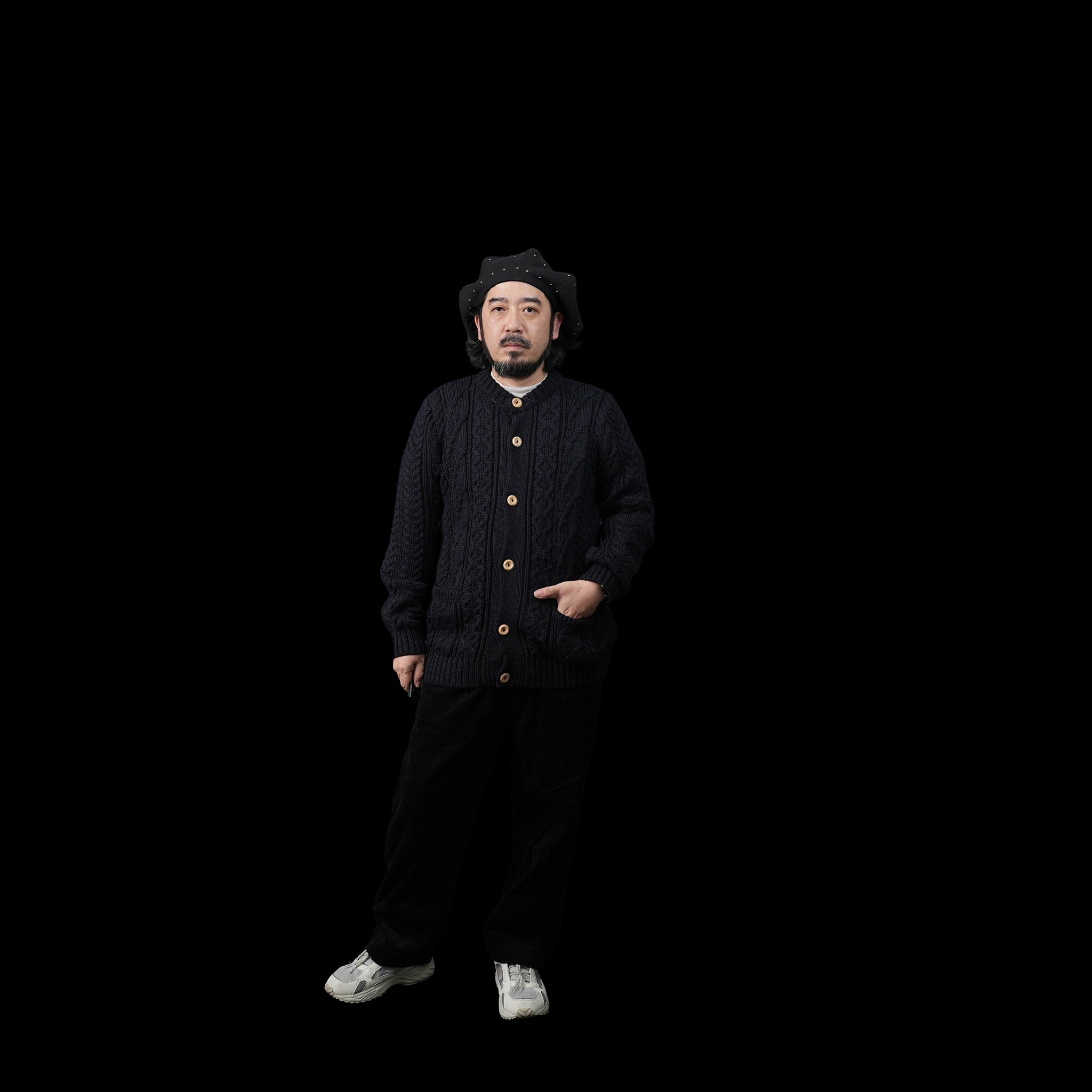 KW-0005 | Aran Cable Collarless Cardigan Heavy | Color:Midnight/Fenland Tweed【KERRY WOOLLEN MILLS】