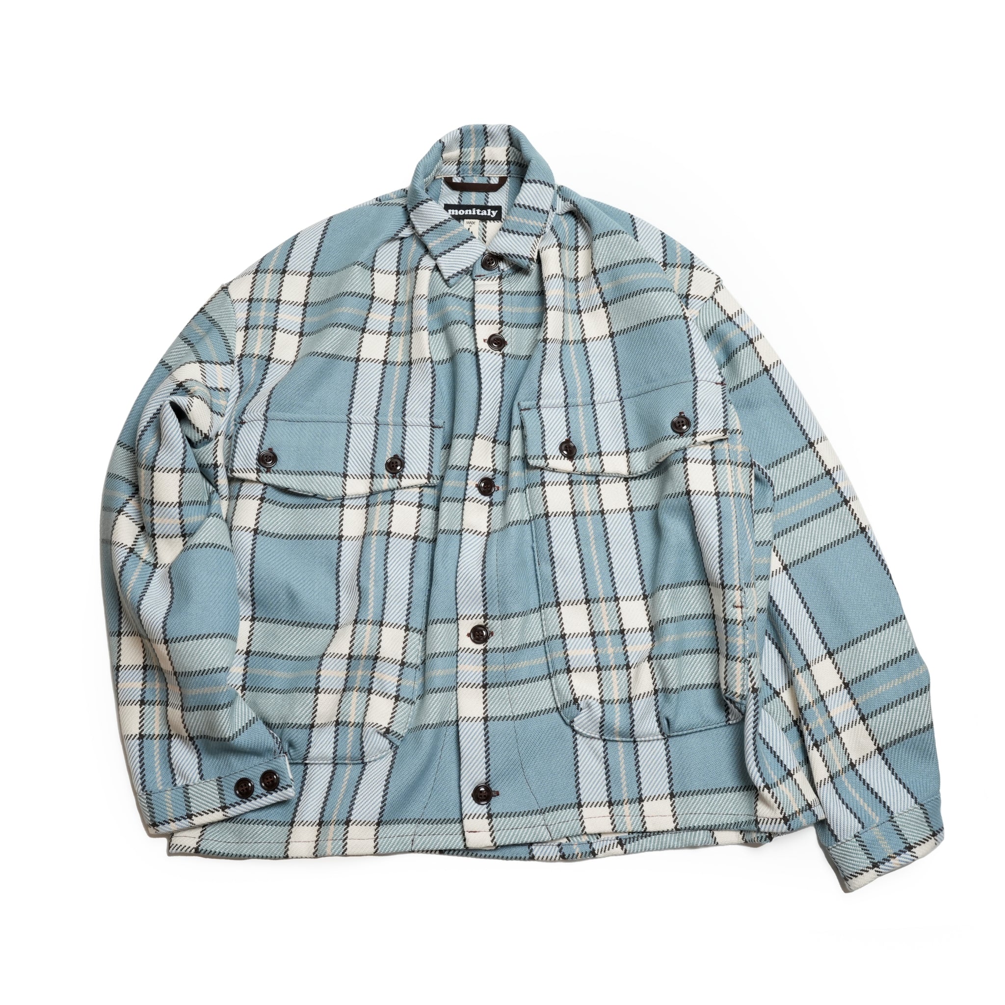 立体プリーツが特徴のシャツジャケット | デッドストックチェック生地で仕立てたAラインシルエット