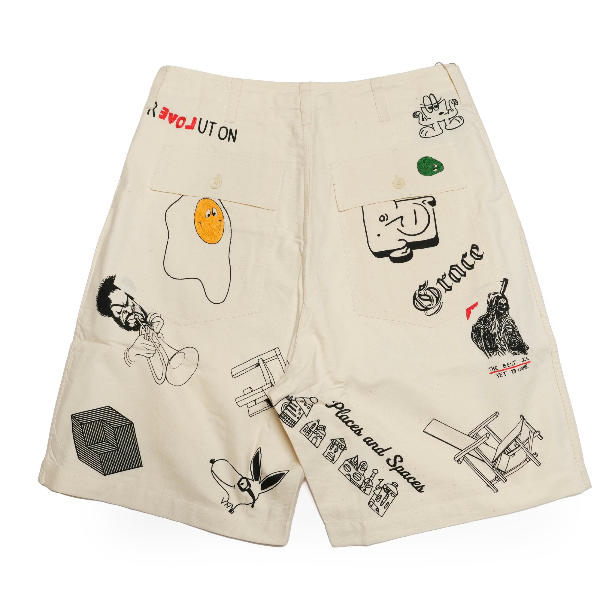 KARDO × MONITALY Fatigue Shorts | タトゥー風グラフィックと刺繍アートが融合したユーティリティショーツ