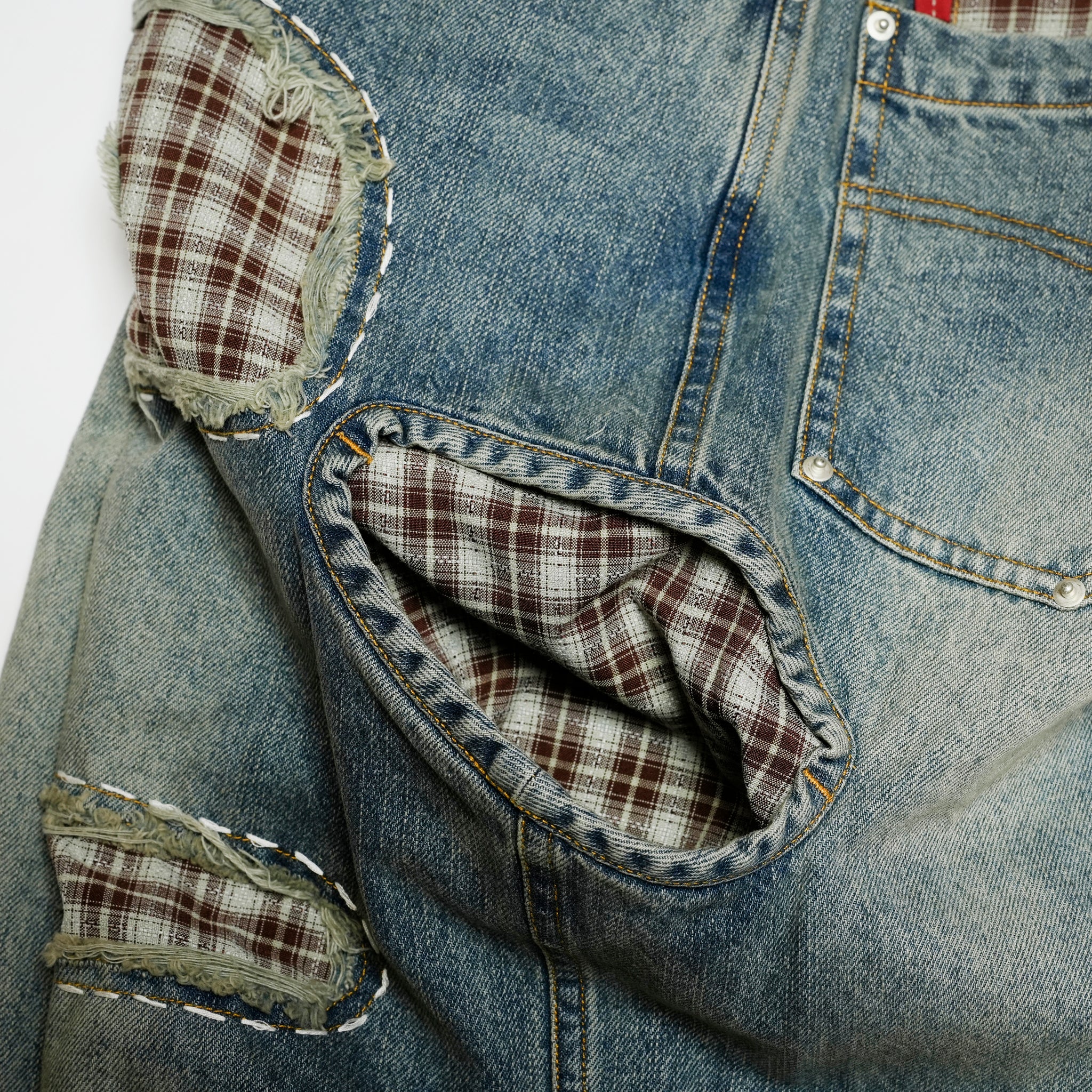 Pla25ssp12_Dirty Denim | Patch denim pants | Color:Dirty Denim【PLATEAU STUDIO_プラトー スタジオ】【archive】