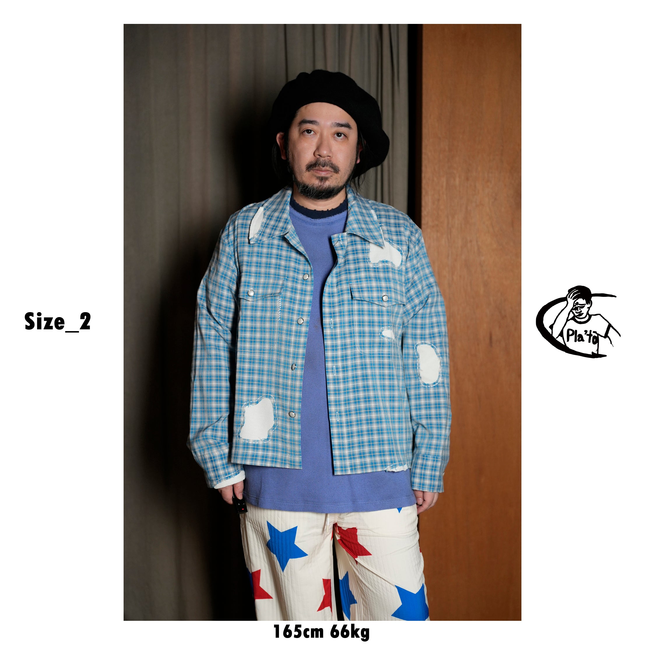Pla25sst30_Blue Check | Hand patch l/s shirt | Color:Blue Check【PLATEAU STUDIO_プラトー スタジオ】【archive】