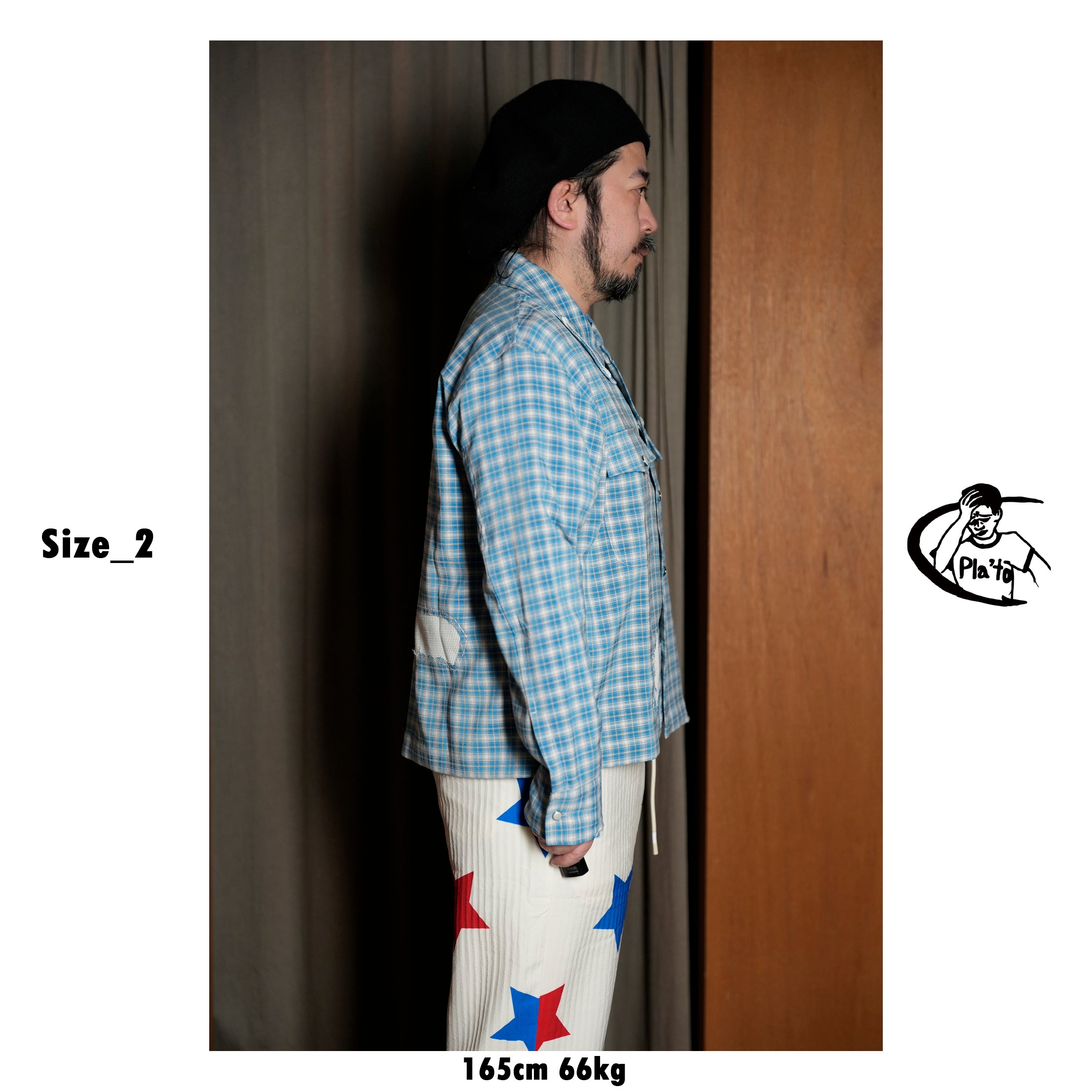 Pla25sst30_Blue Check | Hand patch l/s shirt | Color:Blue Check【PLATEAU STUDIO_プラトー スタジオ】【archive】