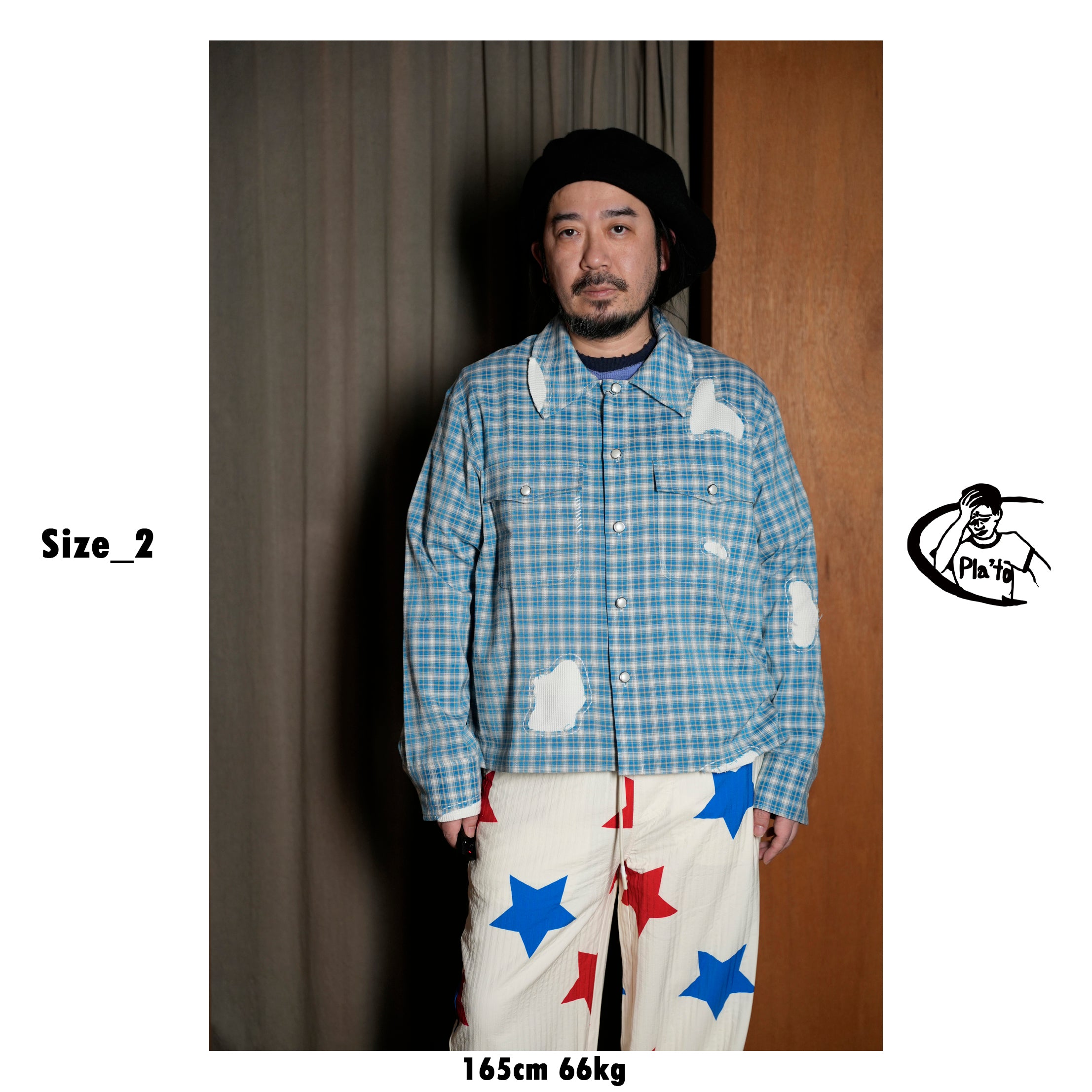 Pla25sst30_Blue Check | Hand patch l/s shirt | Color:Blue Check【PLATEAU STUDIO_プラトー スタジオ】【archive】
