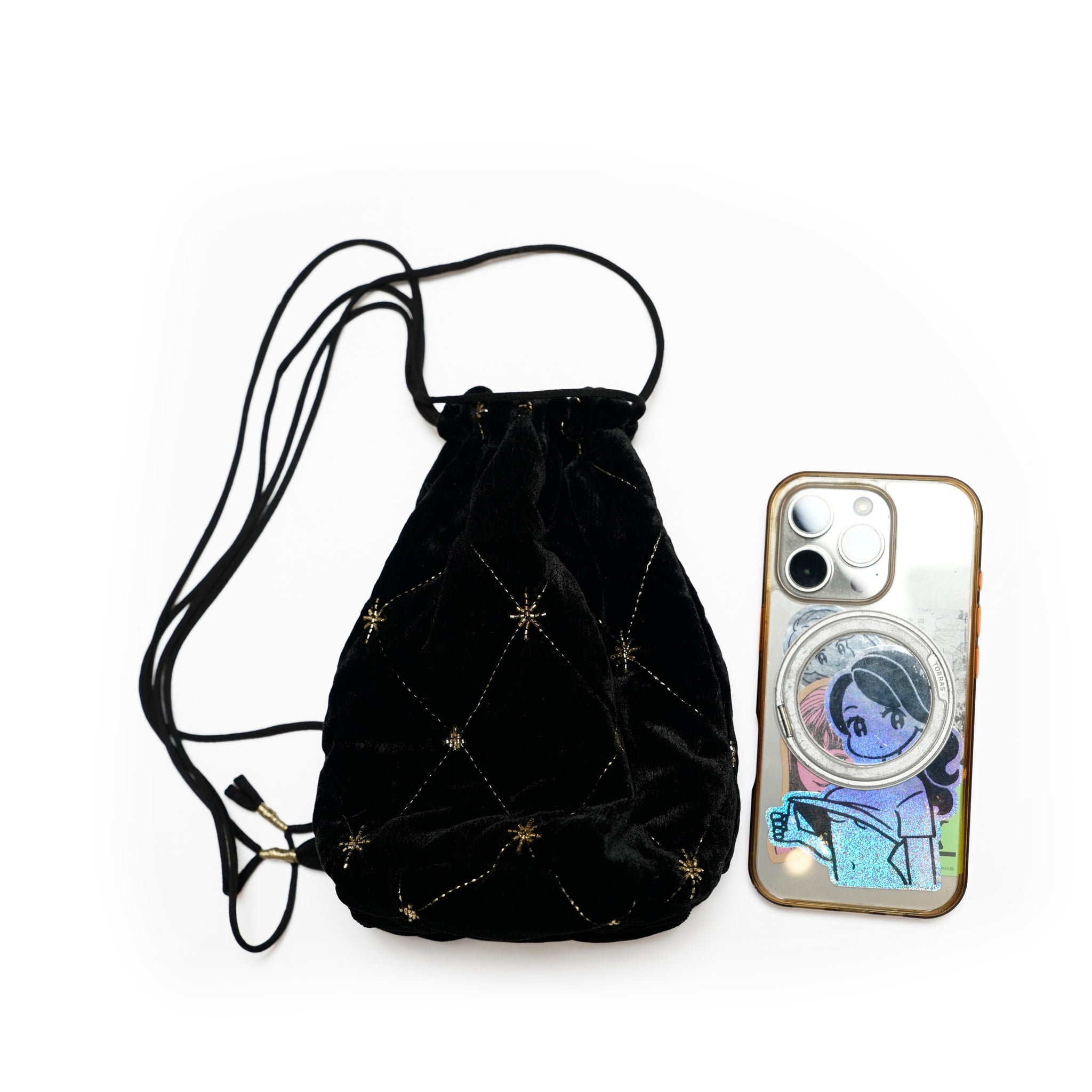 VELVET BEADS EMBROIDERY DRAWSTRING MINI BAG | Color_Black | No_022152sn5_black【SARA MALLIKA_サラマリカ】