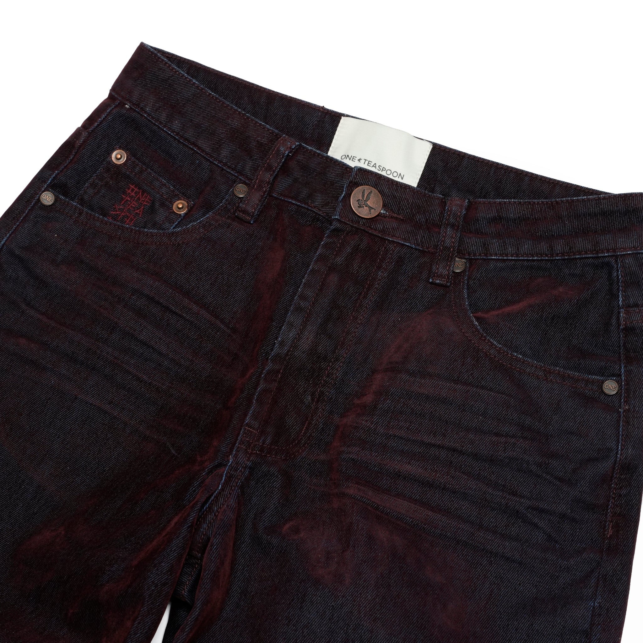 JACKSON MID WAIST WIDE LEG VELVET FINISH DENIM JEANS | Color_Flocked Maroon | No_27241_flocked maroon【ONE TEASPOON_ワンティースプーン】