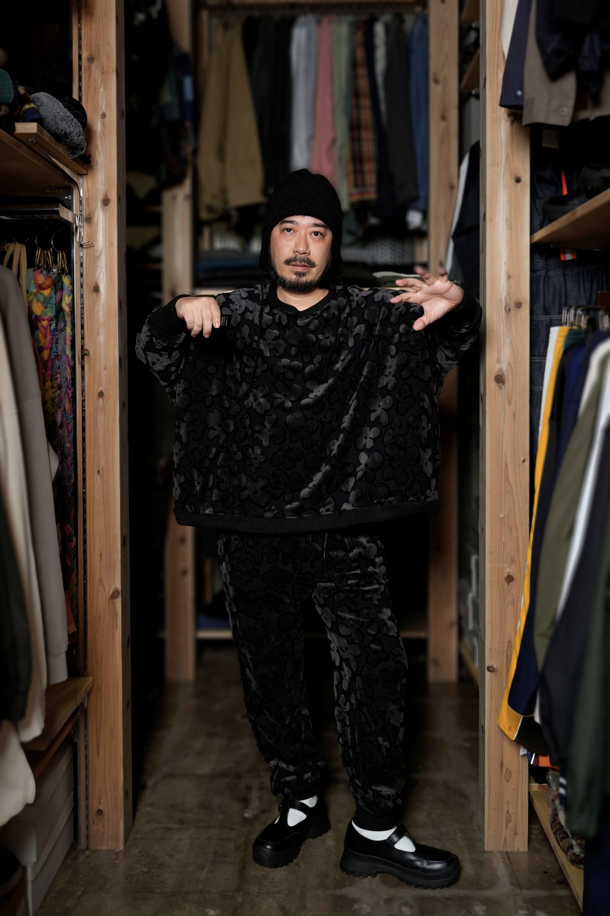 BSD24AW-17_VELOR BK | Flowers JQ Pants | Color:Velor Bk【BEDSIDEDRAMA_ベッドサイドドラマ】【archive】