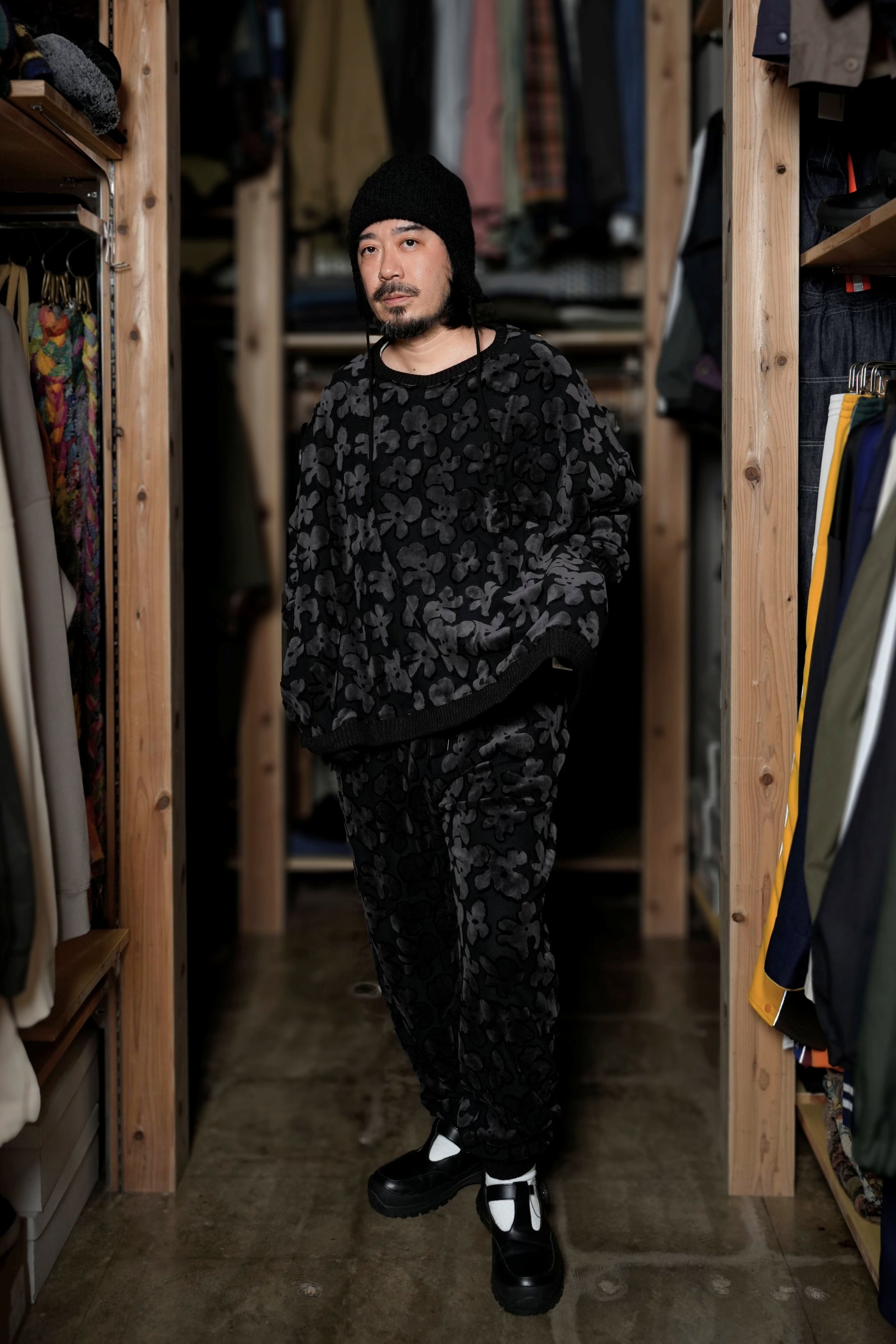 BSD24AW-17_VELOR BK | Flowers JQ Pants | Color:Velor Bk【BEDSIDEDRAMA_ベッドサイドドラマ】【archive】