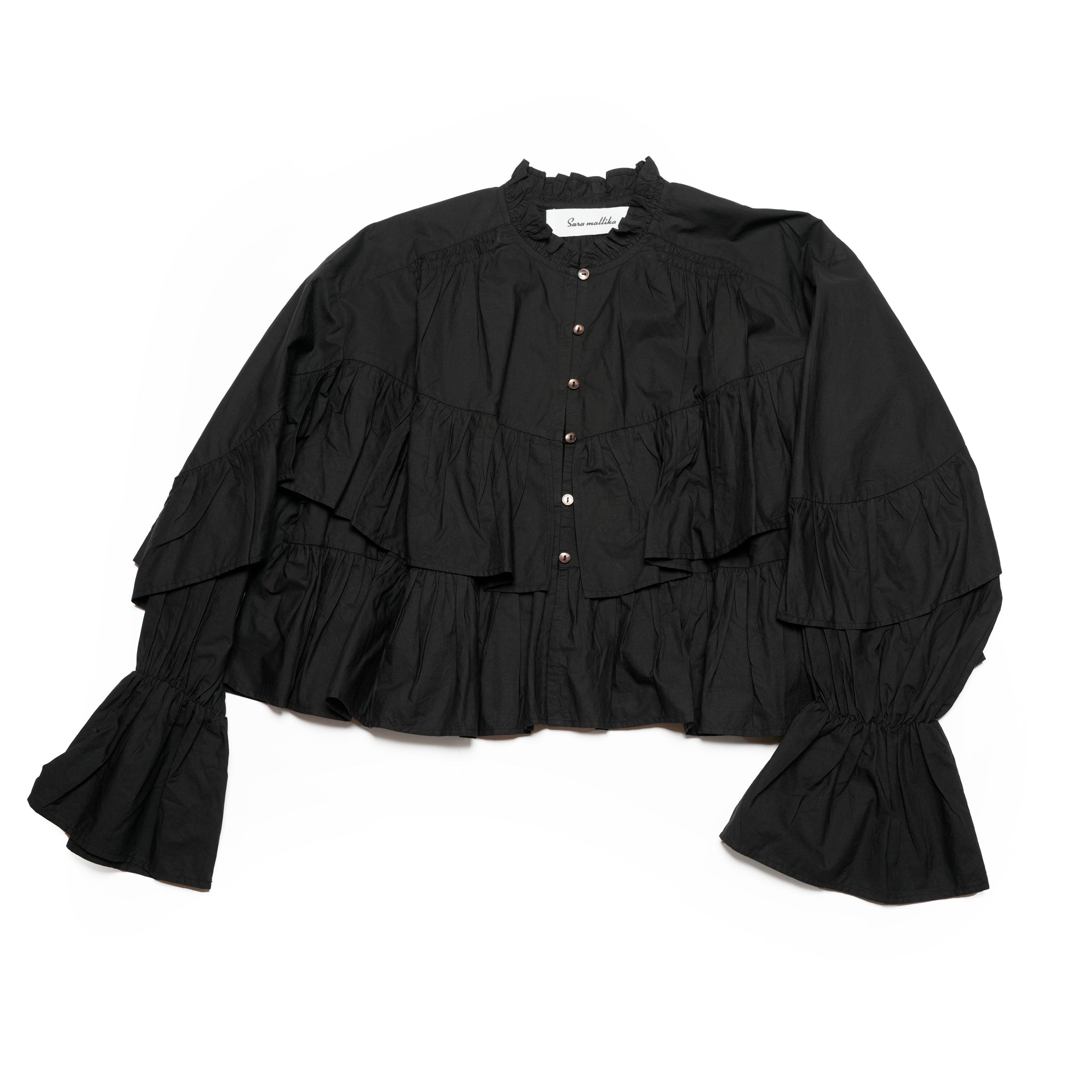 COTTON VOLUME FRILL SHORT BLOUSE – Black | SARAMALLIKA