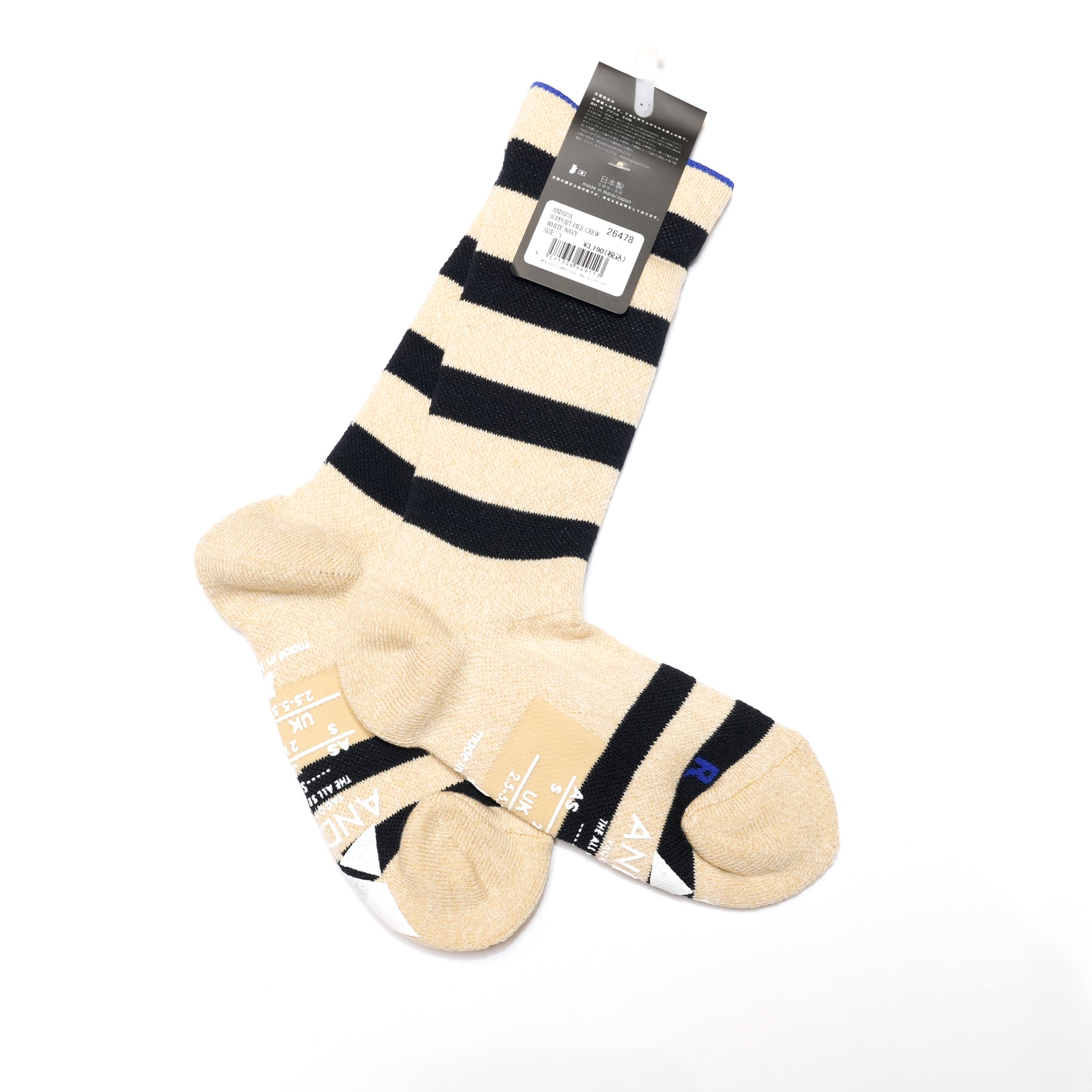 25-CREW-F SUPPORT PILE CREW STLIPE / White-Navy【ANDSOX アンドソックス】【ネコポス選択可能】