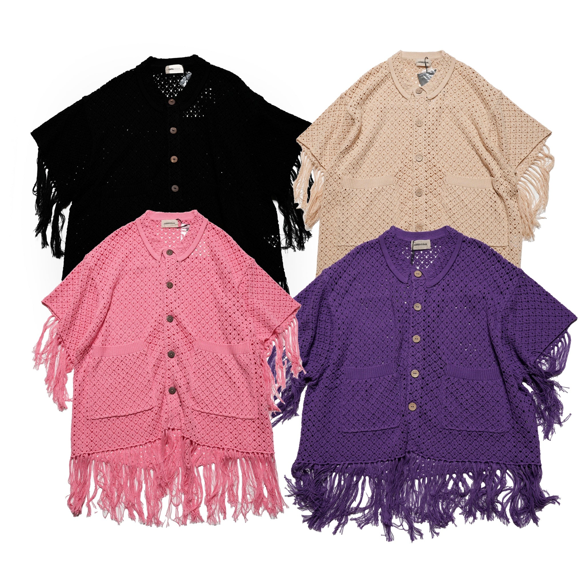 Fringe Cotton Knit Shirt フリンジコットンニットシャツ | Color:Black / Natural / Amethyst / Cosmos | Size:Short/Medium【AMBERGLEAM_アンバーグリーム】| 1185141313