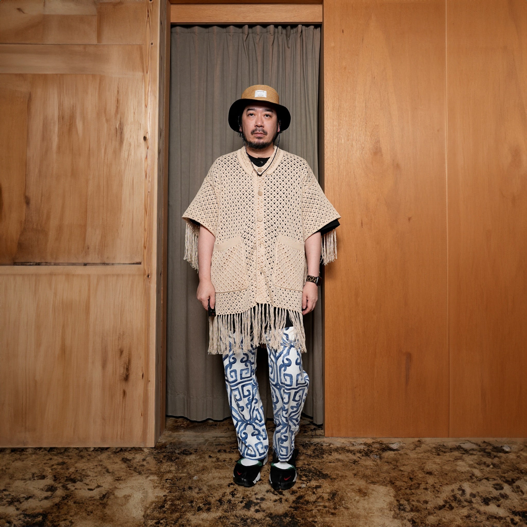 Fringe Cotton Knit Shirt フリンジコットンニットシャツ | Color:Black / Natural / Amethyst / Cosmos | Size:Short/Medium【AMBERGLEAM_アンバーグリーム】| 1185141313