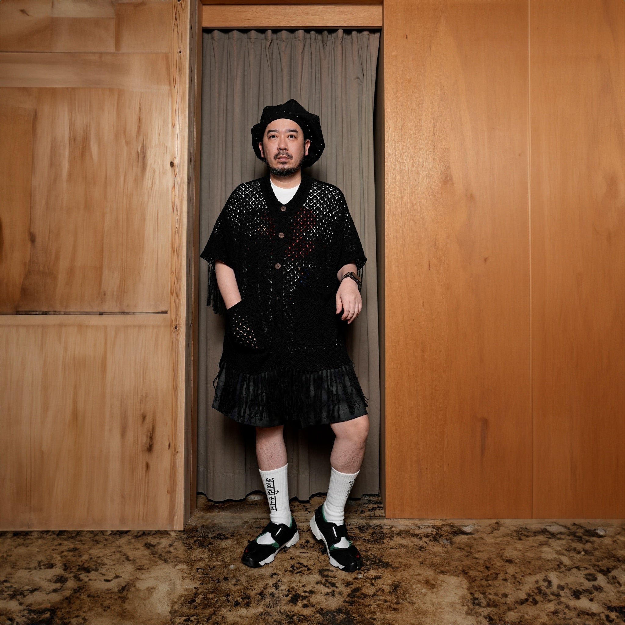 Fringe Cotton Knit Shirt フリンジコットンニットシャツ | Color:Black / Natural / Amethyst / Cosmos | Size:Short/Medium【AMBERGLEAM_アンバーグリーム】| 1185141313