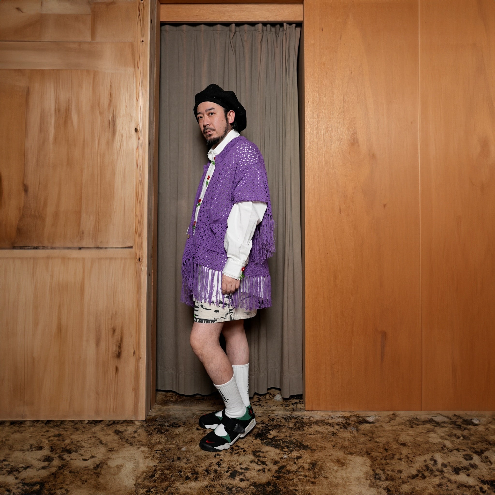 Fringe Cotton Knit Shirt フリンジコットンニットシャツ | Color:Black / Natural / Amethyst / Cosmos | Size:Short/Medium【AMBERGLEAM_アンバーグリーム】| 1185141313