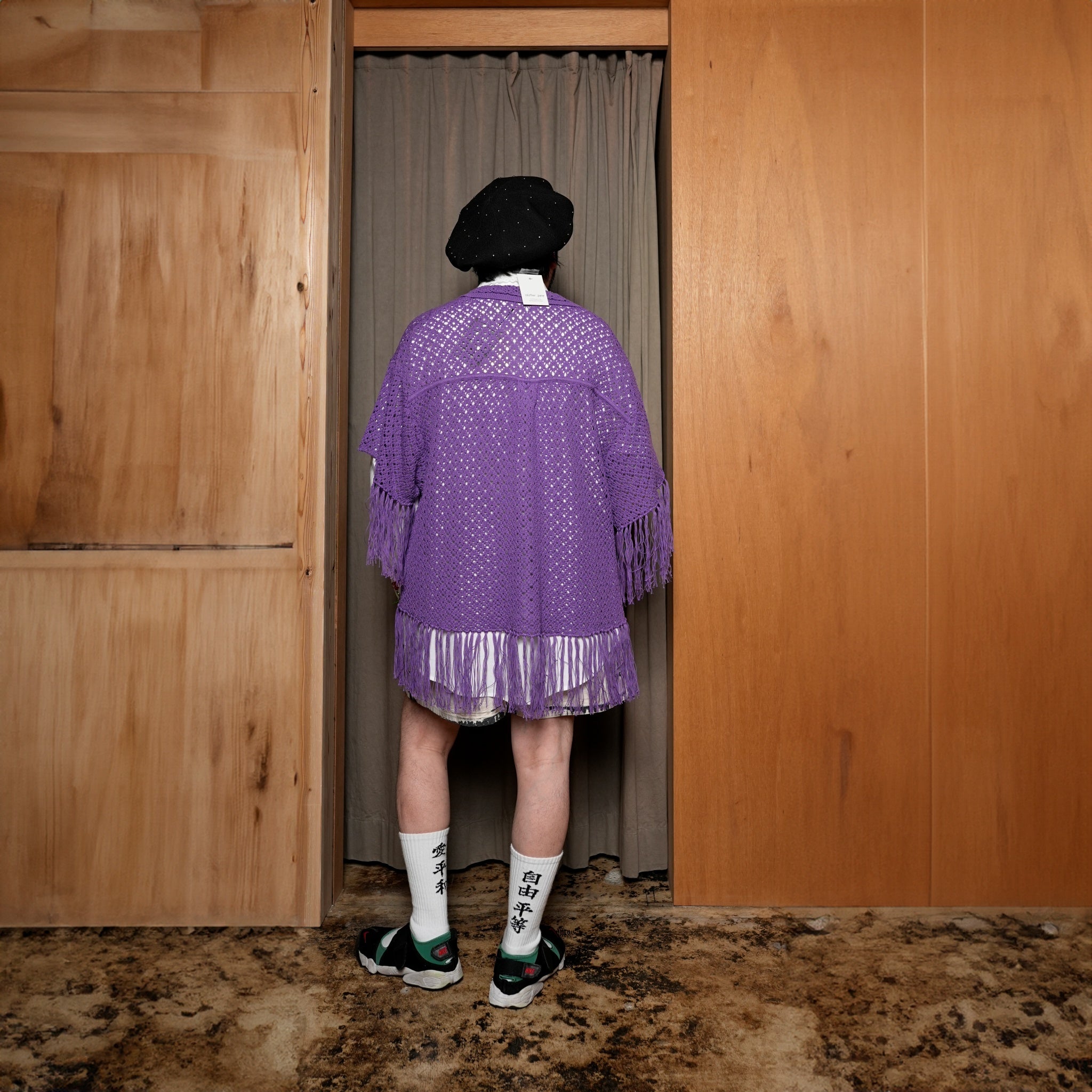 Fringe Cotton Knit Shirt フリンジコットンニットシャツ | Color:Black / Natural / Amethyst / Cosmos | Size:Short/Medium【AMBERGLEAM_アンバーグリーム】| 1185141313
