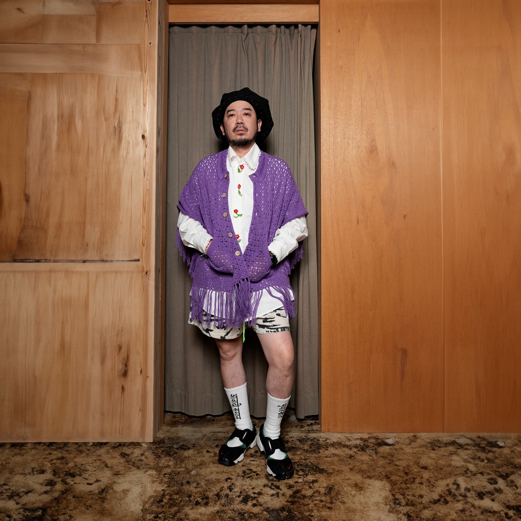 Fringe Cotton Knit Shirt フリンジコットンニットシャツ | Color:Black / Natural / Amethyst / Cosmos | Size:Short/Medium【AMBERGLEAM_アンバーグリーム】| 1185141313