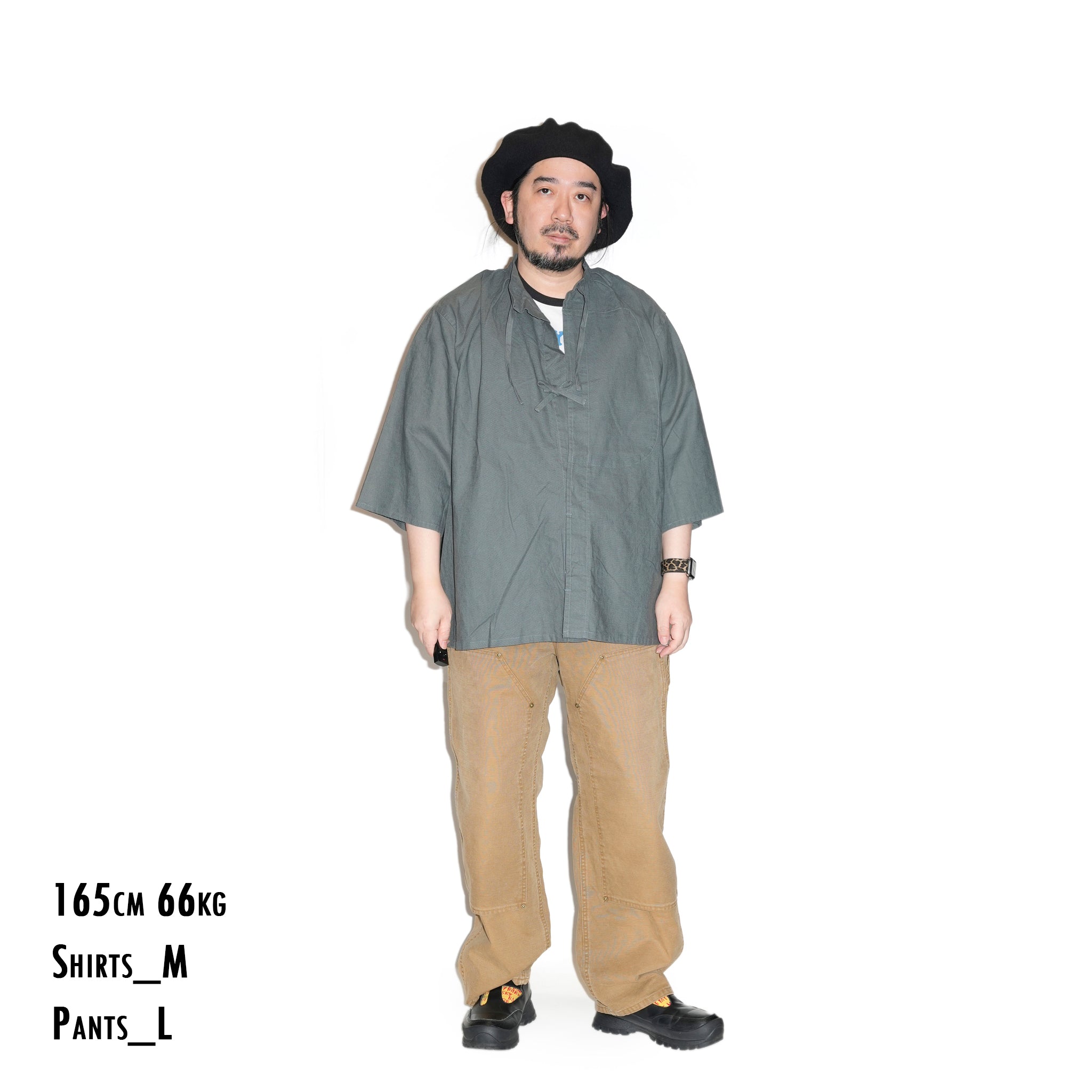 AM-2517009_Charcoal | Cotton Linen Slab Half Sleeve Smock Shirt | Color:Charcoal【ARMY TWILL_アーミーツイル】