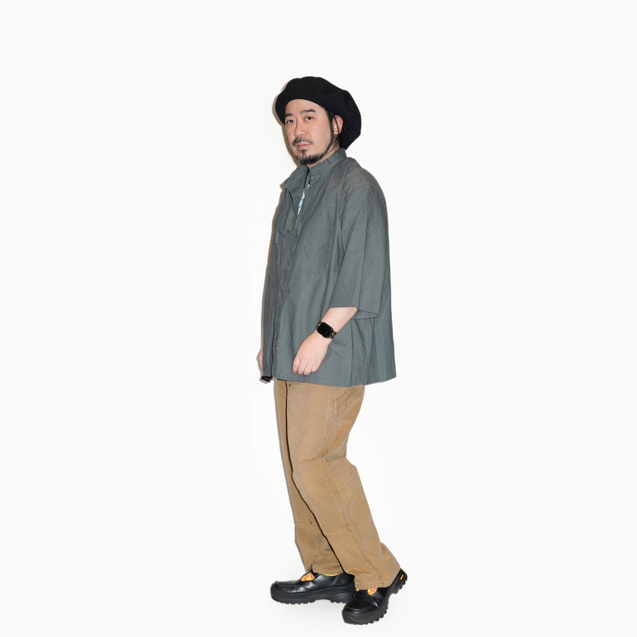 AM-2517009_Charcoal | Cotton Linen Slab Half Sleeve Smock Shirt | Color:Charcoal【ARMY TWILL_アーミーツイル】