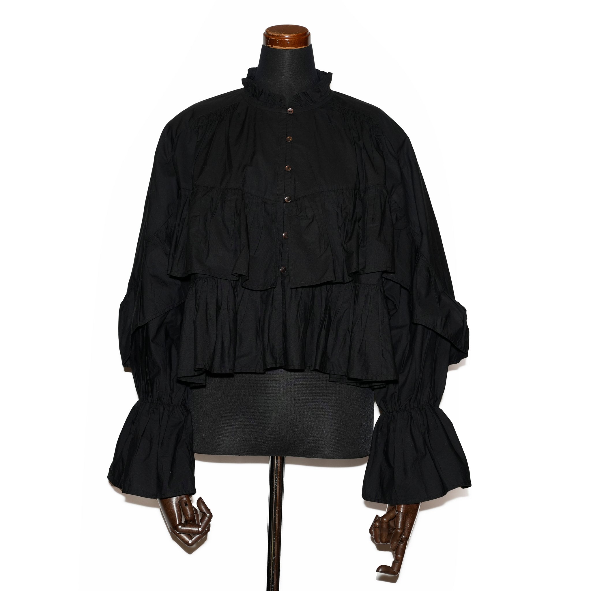 COTTON VOLUME FRILL SHORT BLOUSE – Black | SARAMALLIKA