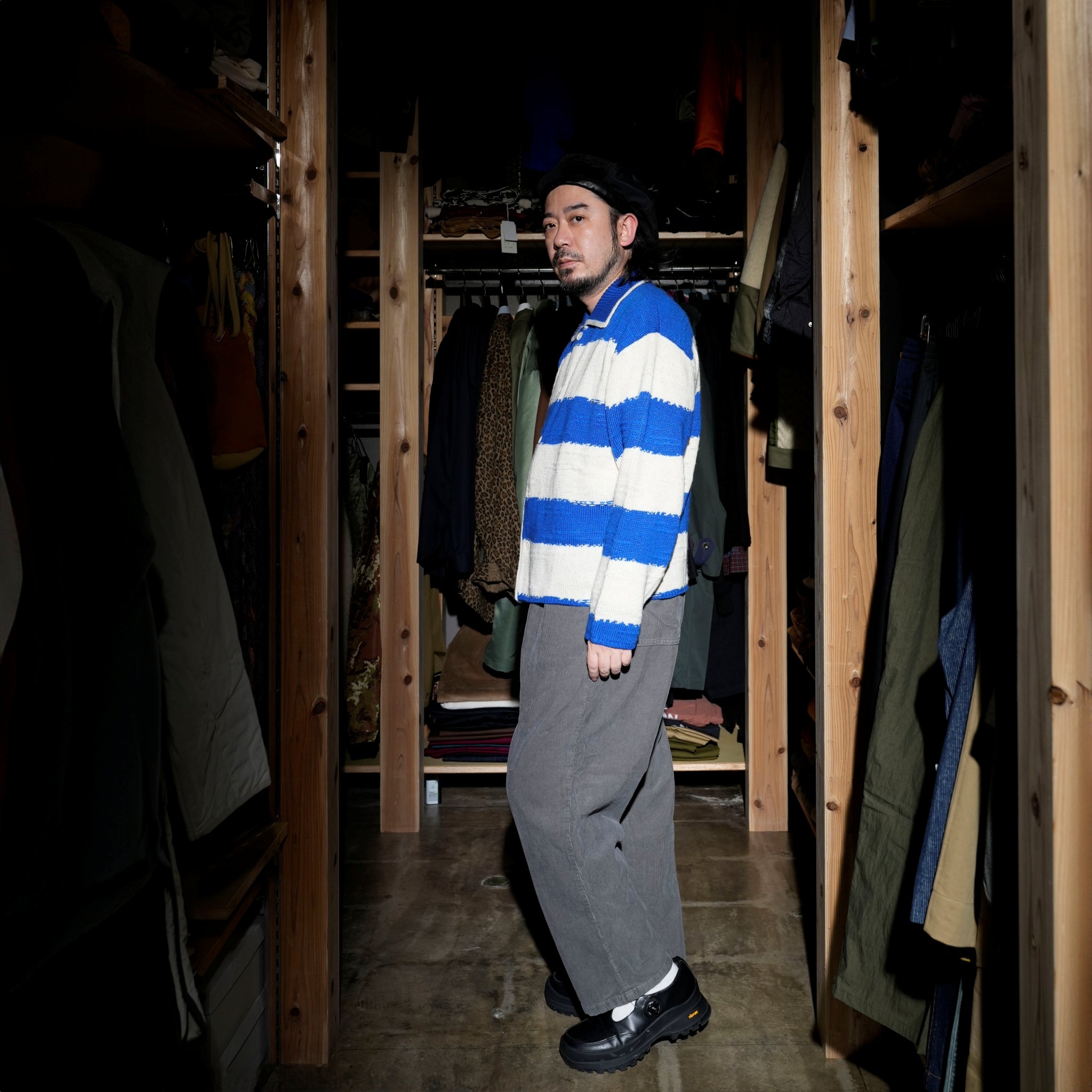 Pla24awkt05-1_Blue/Beige | L/s knit stripe shirt | Color:Blue/Beige【PLATEAU STUDIO_プラトー スタジオ】