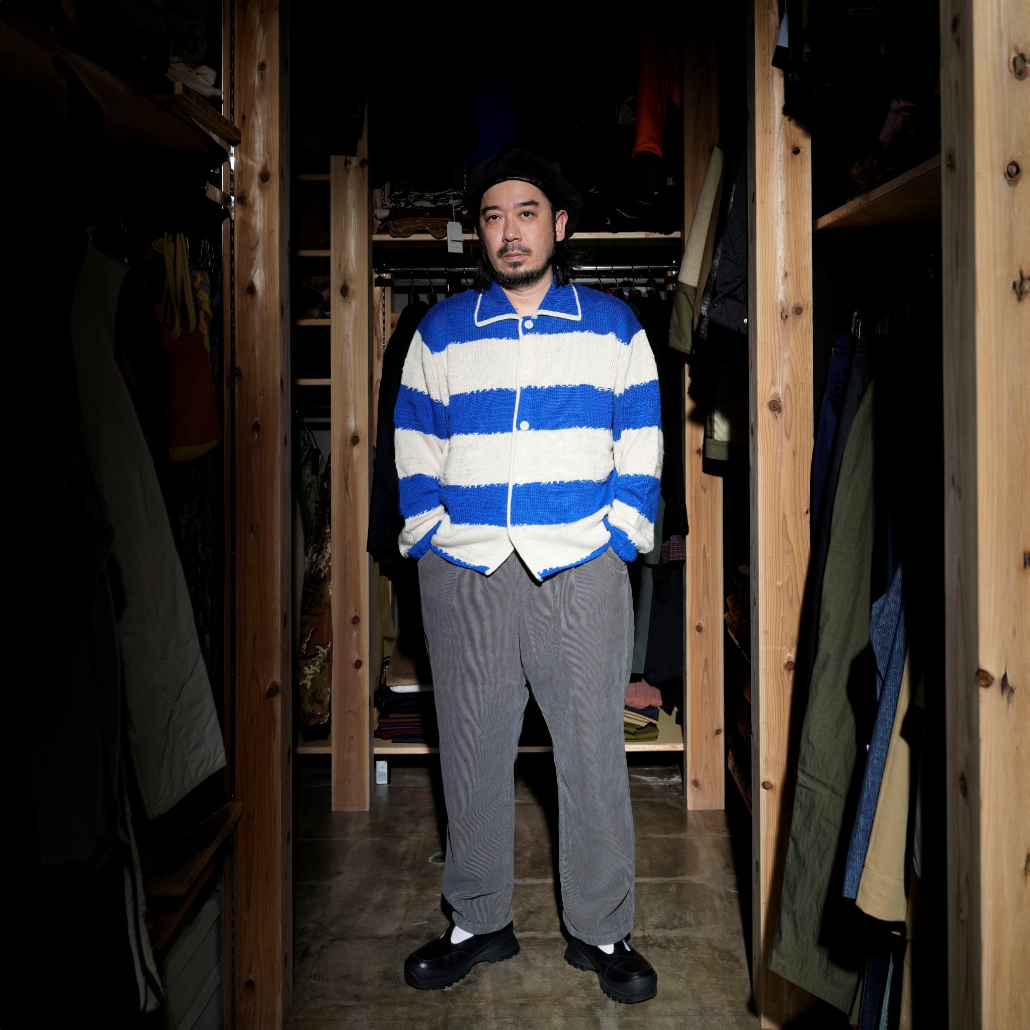 Pla24awkt05-1_Blue/Beige | L/s knit stripe shirt | Color:Blue/Beige【PLATEAU STUDIO_プラトー スタジオ】