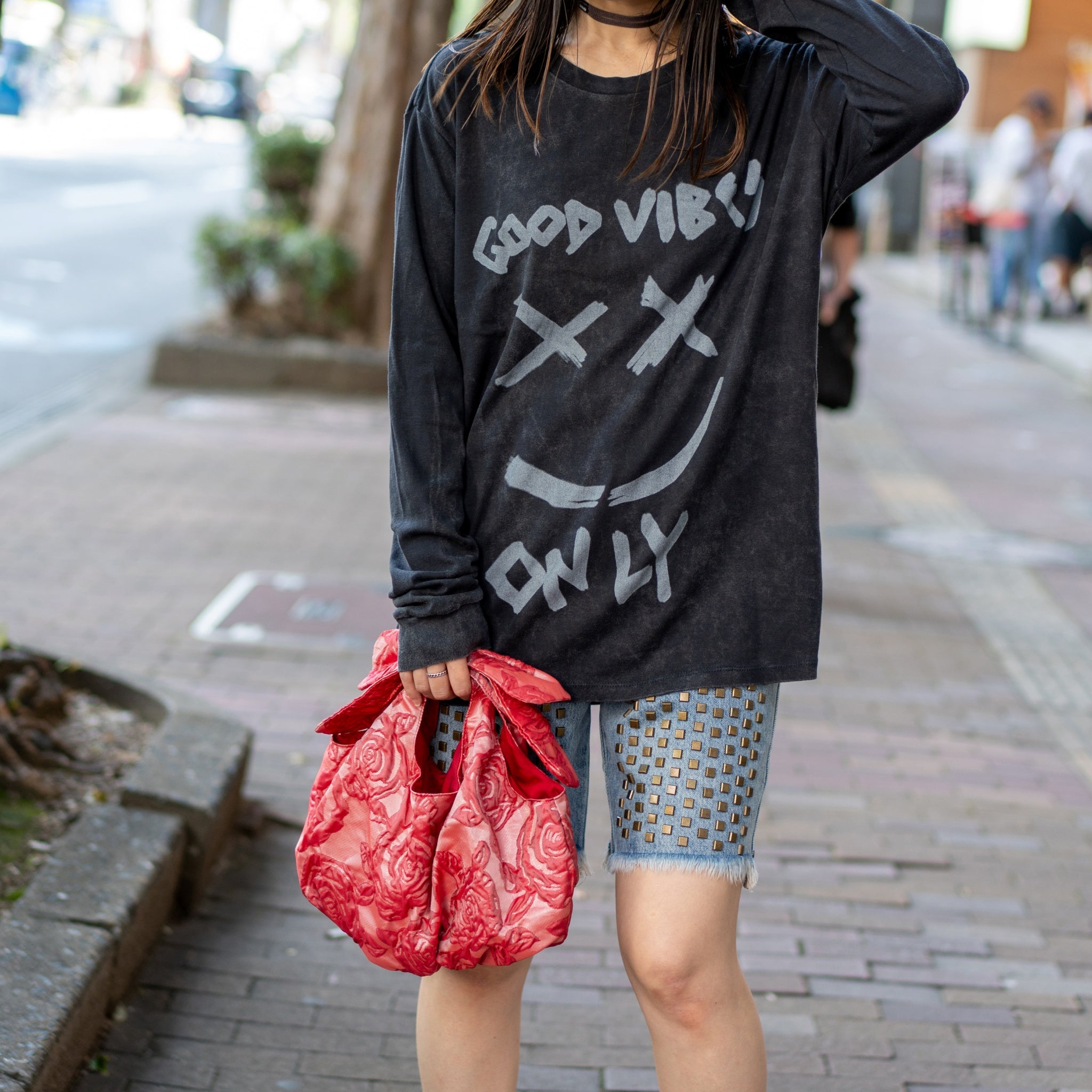 26468C_CHARCOAL | GOOD VIBES ONLY LONG SLEEVE TEE | Color:CHARCOAL【ONE TEASPOON_ワンティースプーン】