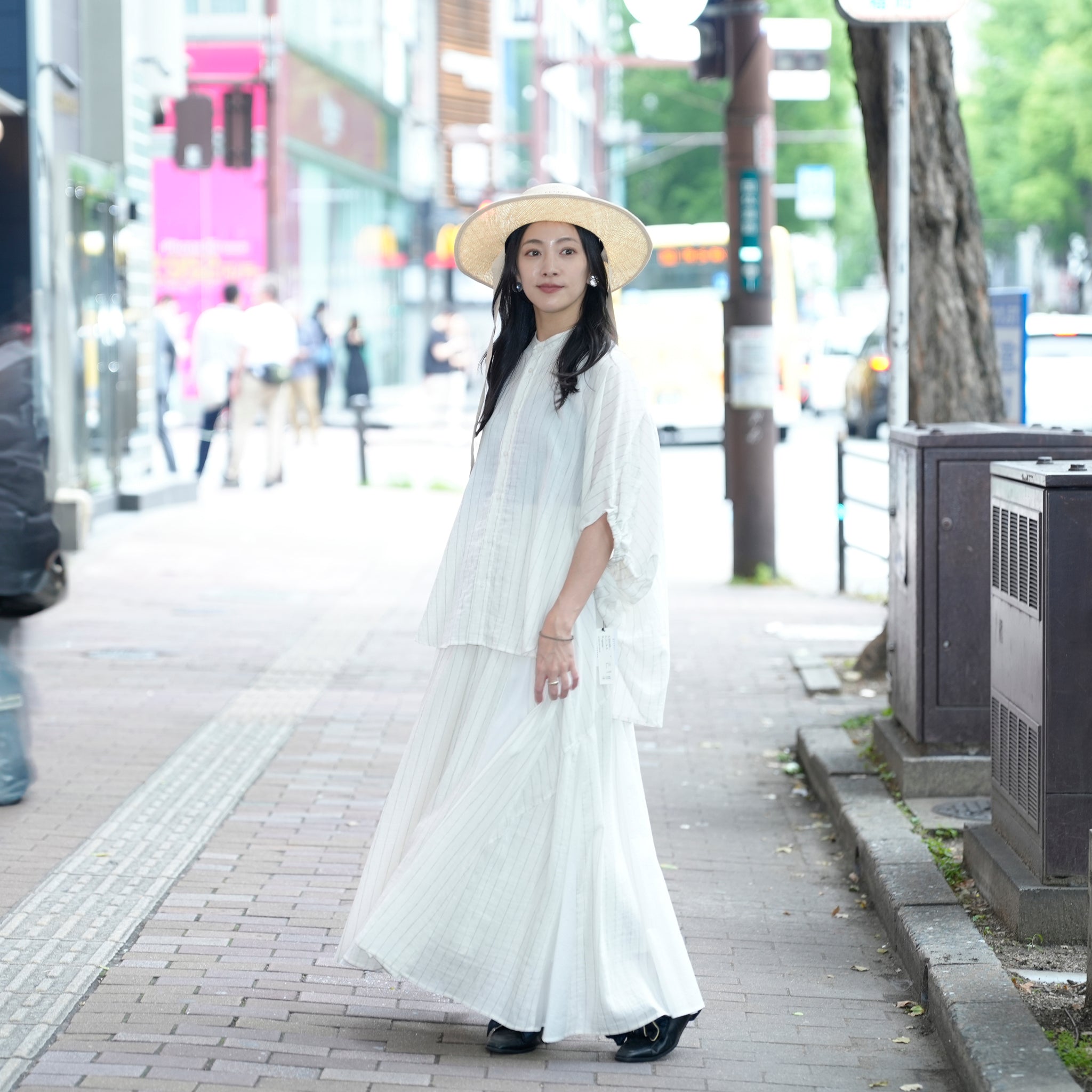 25163-8299P_off white | ストライプ切替ギャザーS/K | Color:Off White【ANGELINA_アンジェリーナ】