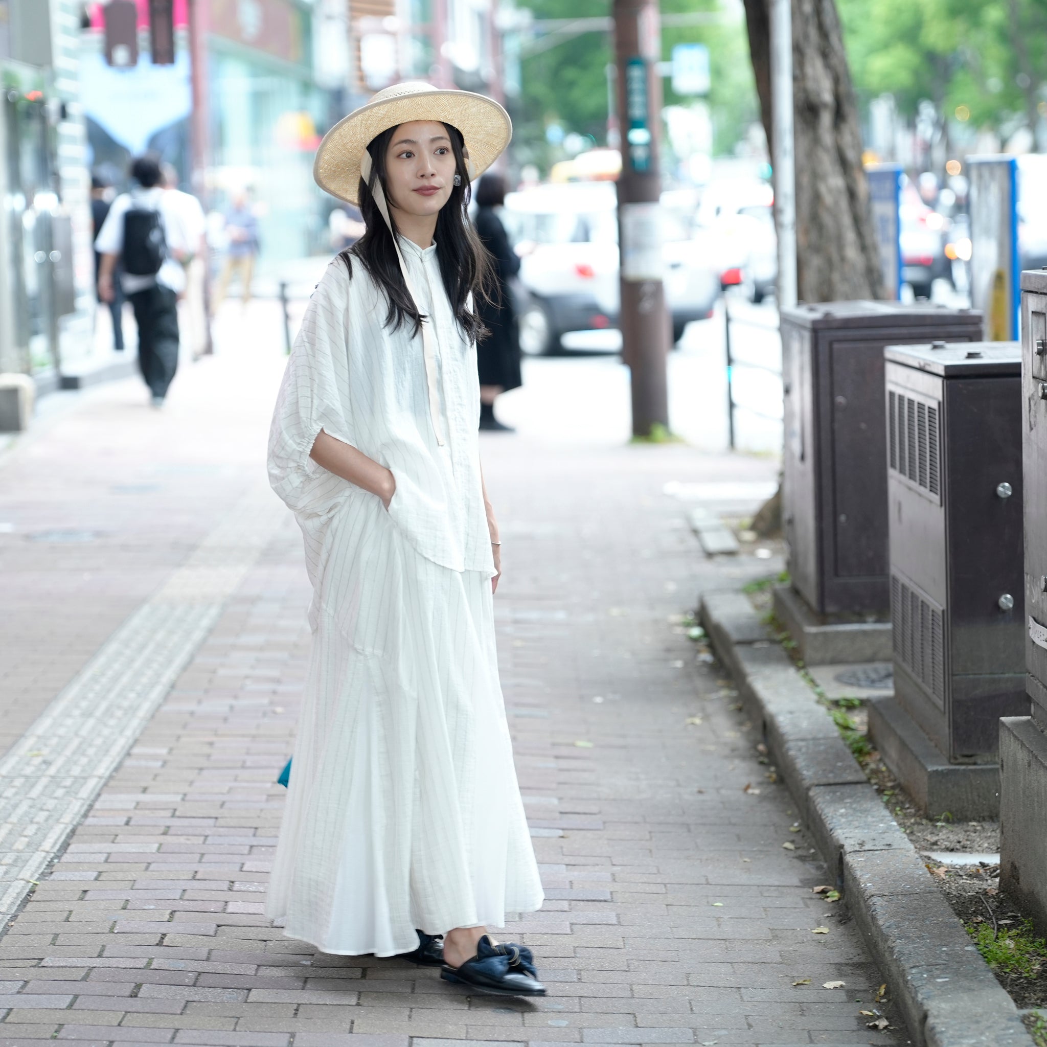 25163-8299P_off white | ストライプ切替ギャザーS/K | Color:Off White【ANGELINA_アンジェリーナ】