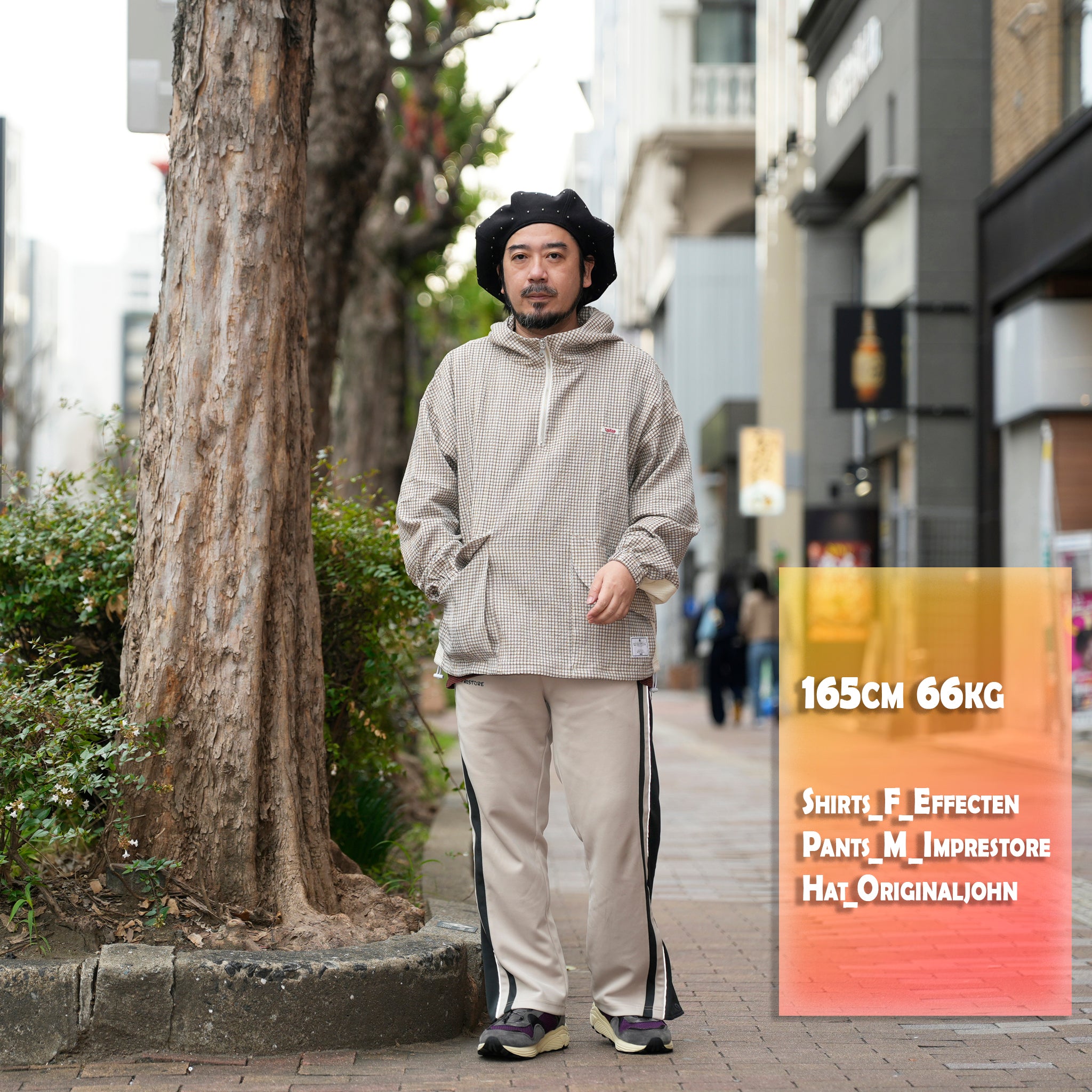 ef404-04 | Check half zip hoodie| Color:Cream【EFFECTEN_エフェクテン】