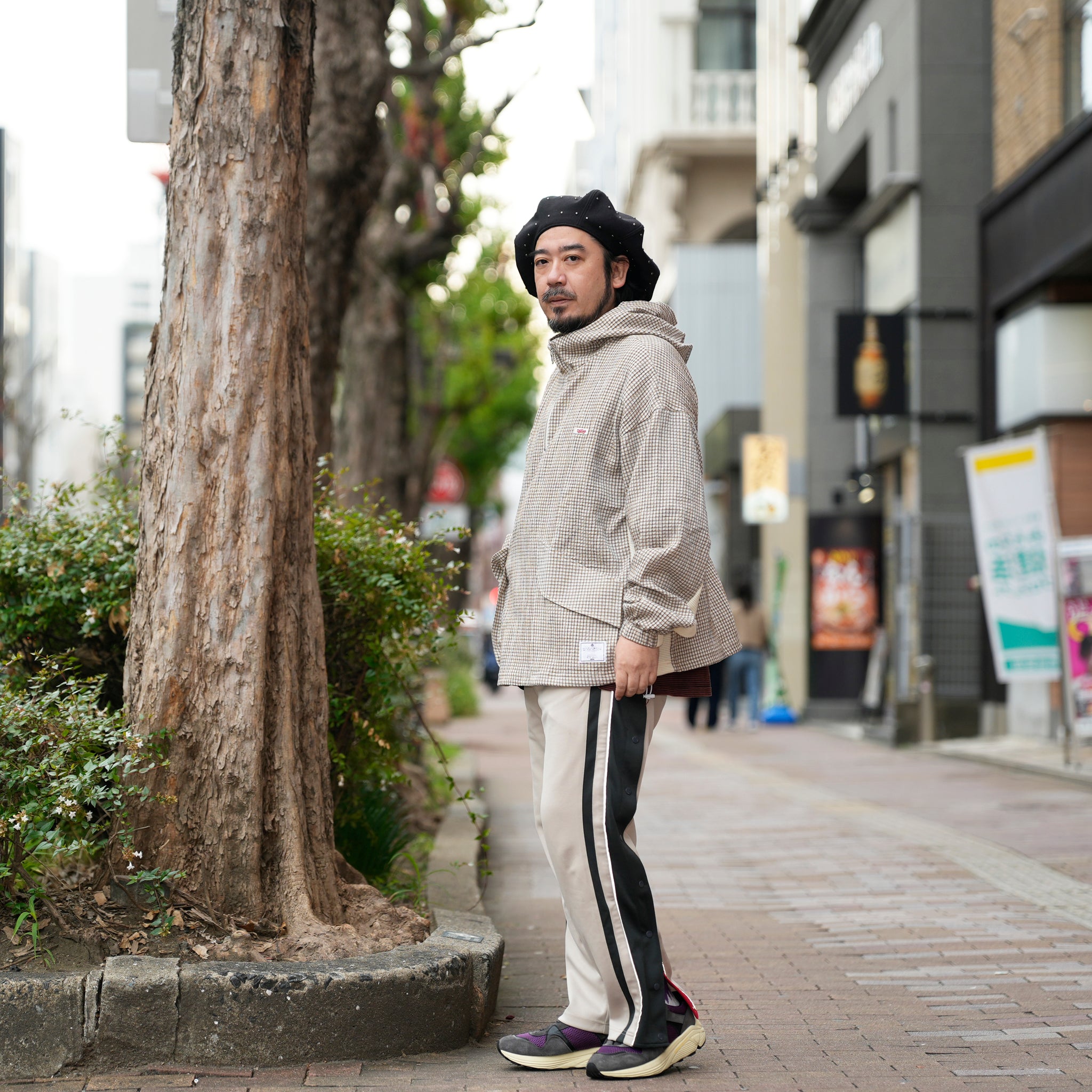 ef404-04 | Check half zip hoodie| Color:Cream【EFFECTEN_エフェクテン】
