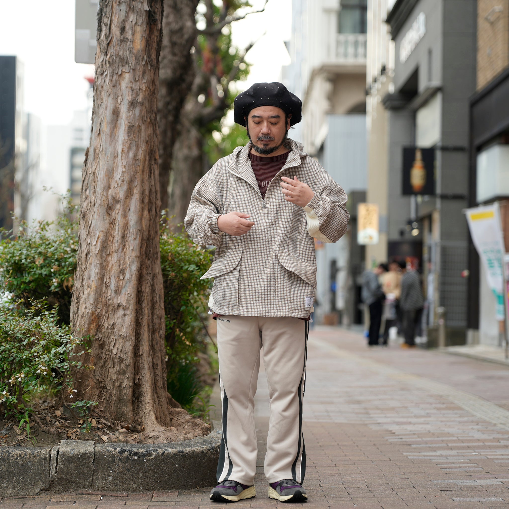 ef404-04 | Check half zip hoodie| Color:Cream【EFFECTEN_エフェクテン】