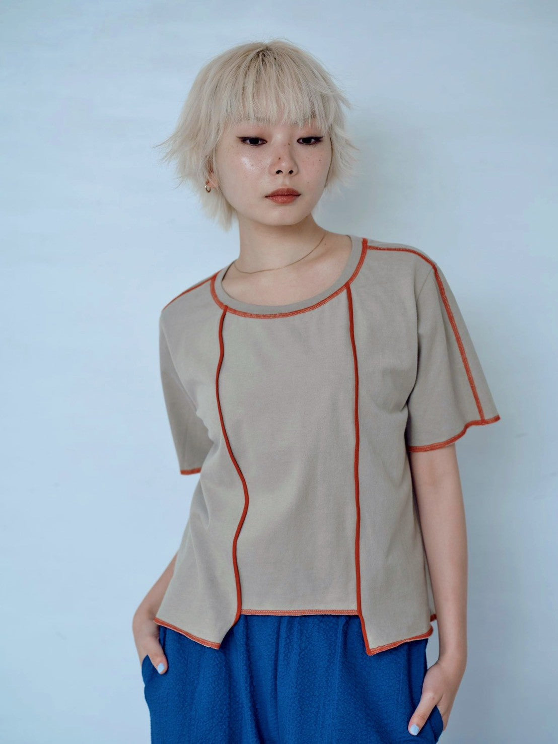CONTRAST STITCH T-SHIRT – Yellow / Khaki / Blue | HCAE