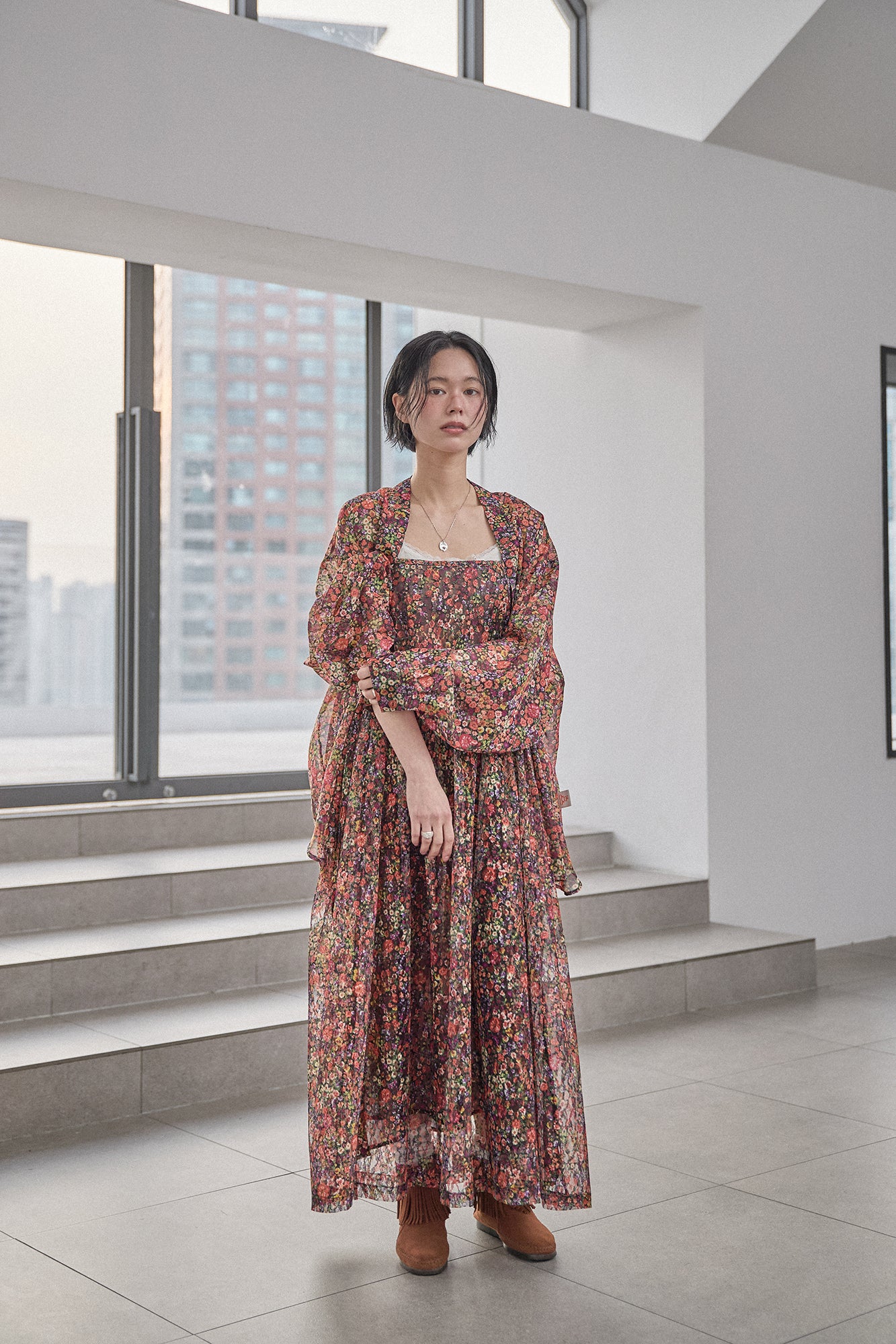 G71201_MT.OR | FLOWER SHEER NO COLLAR SHIRT-MT.OR | Color:Orange【GORT_ゴート】