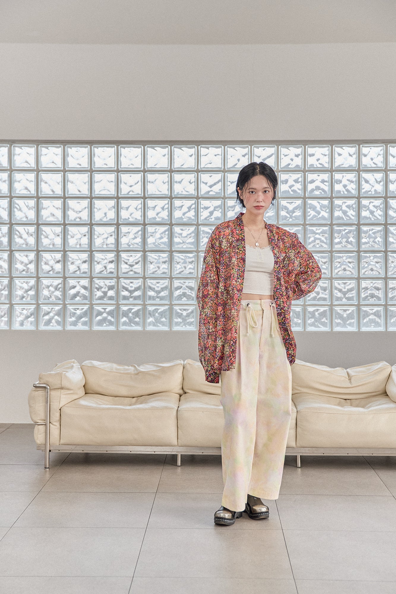 G71201_MT.OR | FLOWER SHEER NO COLLAR SHIRT-MT.OR | Color:Orange【GORT_ゴート】