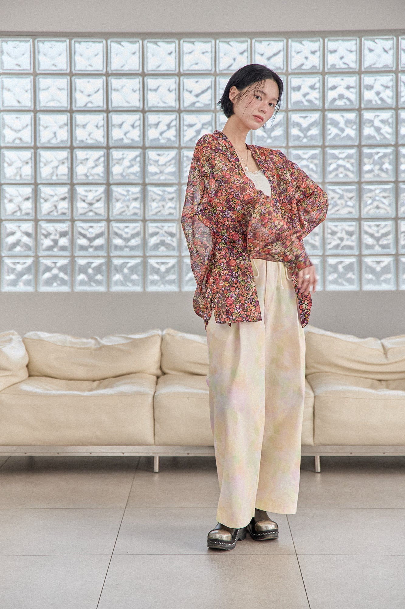 G71201_MT.OR | FLOWER SHEER NO COLLAR SHIRT-MT.OR | Color:Orange【GORT_ゴート】