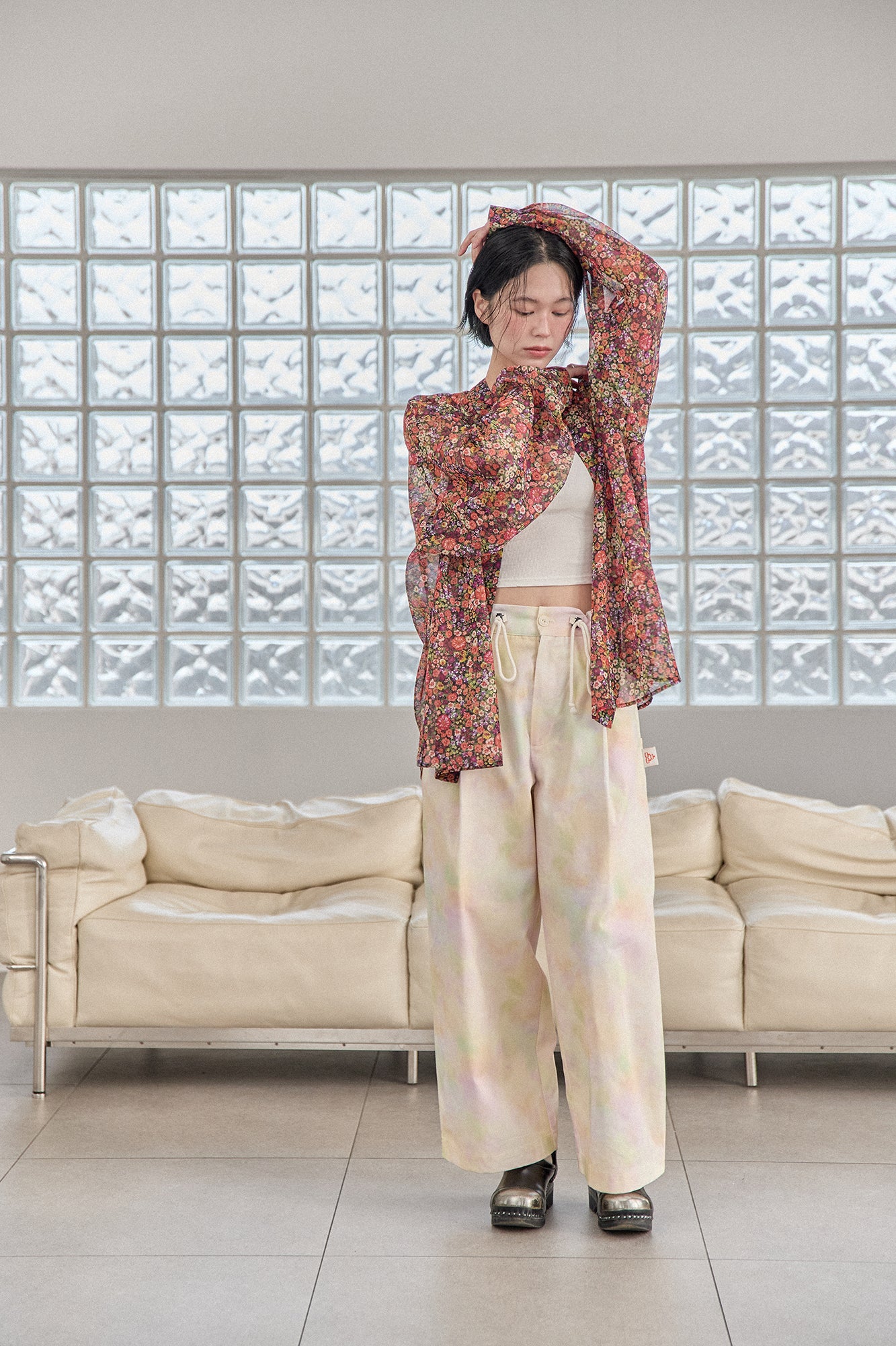 G71201_MT.OR | FLOWER SHEER NO COLLAR SHIRT-MT.OR | Color:Orange【GORT_ゴート】
