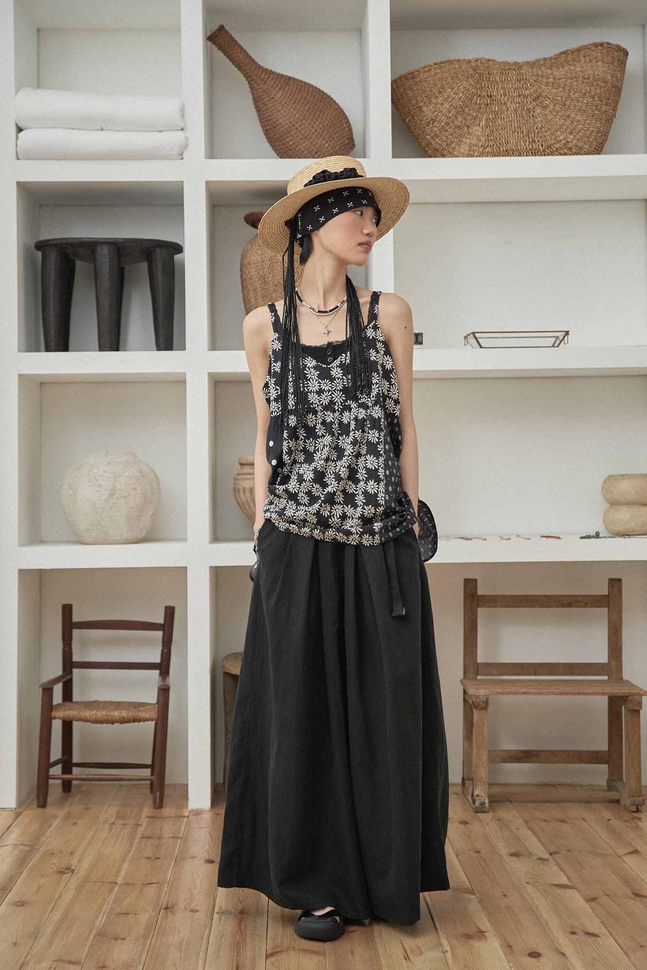 G72303_BK | NYLON WIDE LEG PANTS-BK | Color:Black【GORT_ゴート】