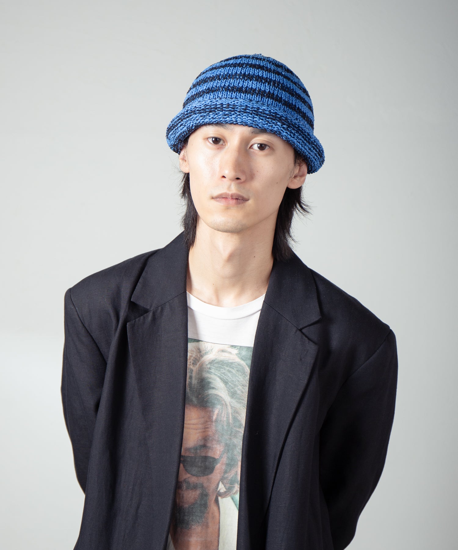 IA-25-113_Black×Blue | Border Roll Knit Cap | Color:Black×Blue【INDIETRO ASSOCIATION_インディエトロアソシエーション】【archive】