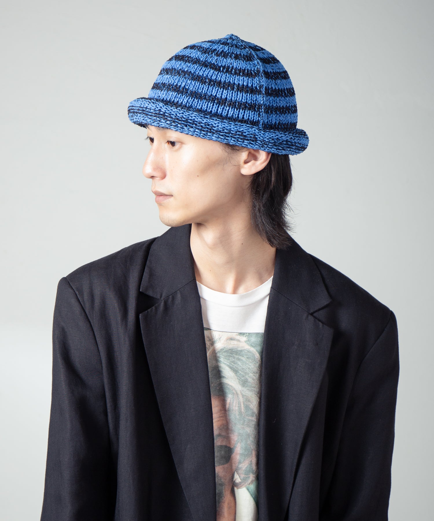 IA-25-113_Black×Blue | Border Roll Knit Cap | Color:Black×Blue【INDIETRO ASSOCIATION_インディエトロアソシエーション】【archive】