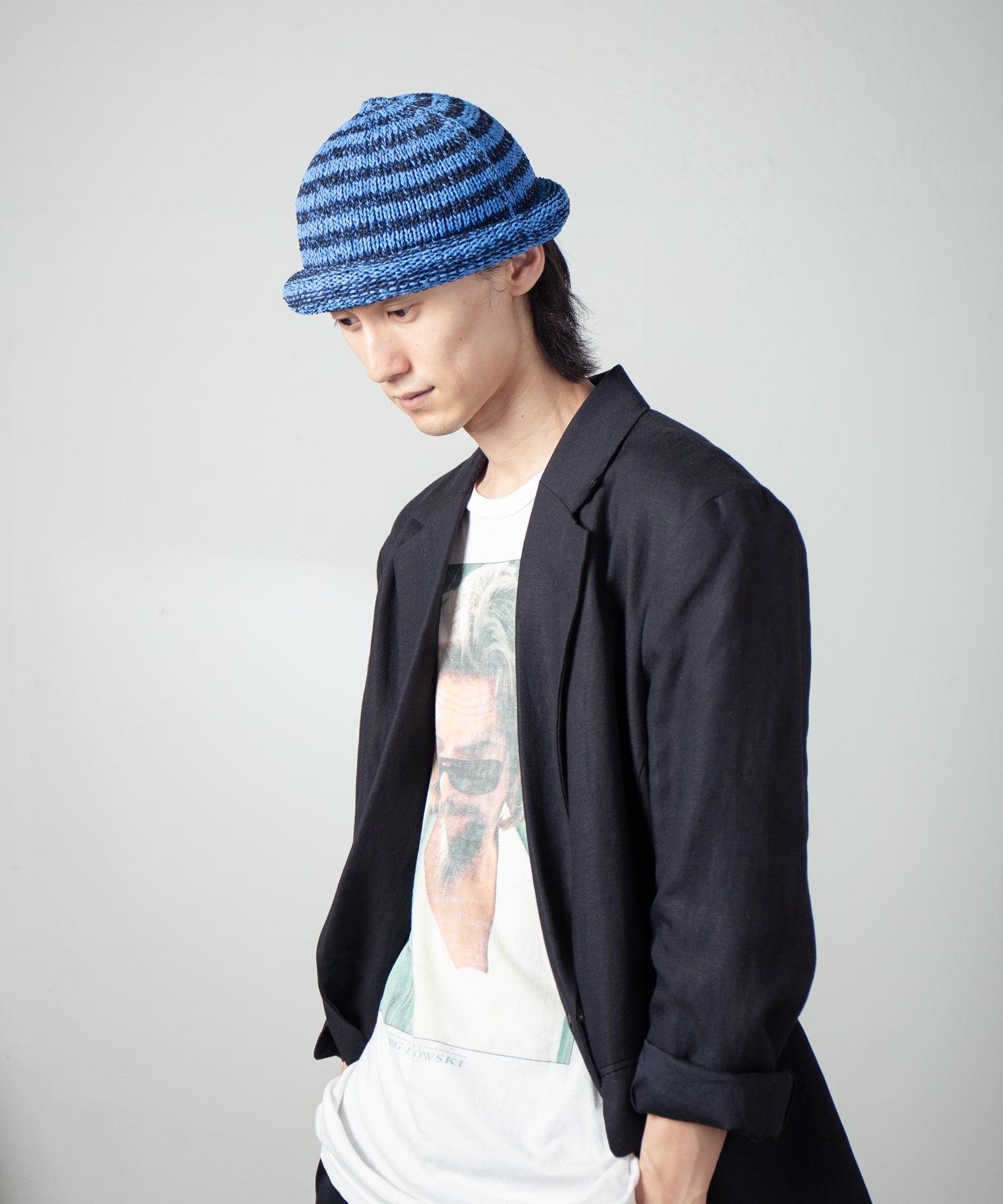 IA-25-113_Black×Blue | Border Roll Knit Cap | Color:Black×Blue【INDIETRO ASSOCIATION_インディエトロアソシエーション】【archive】
