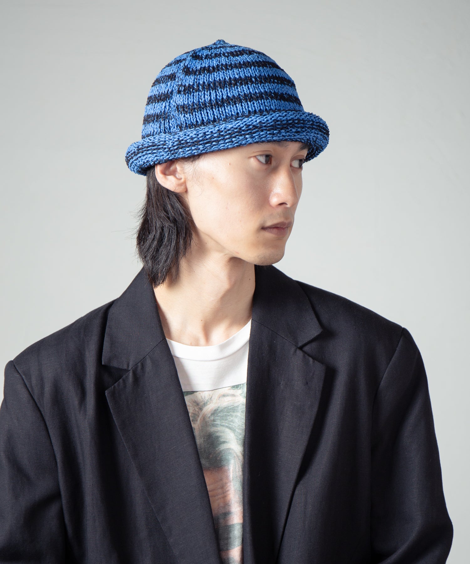 IA-25-113_Black×Blue | Border Roll Knit Cap | Color:Black×Blue【INDIETRO ASSOCIATION_インディエトロアソシエーション】【archive】