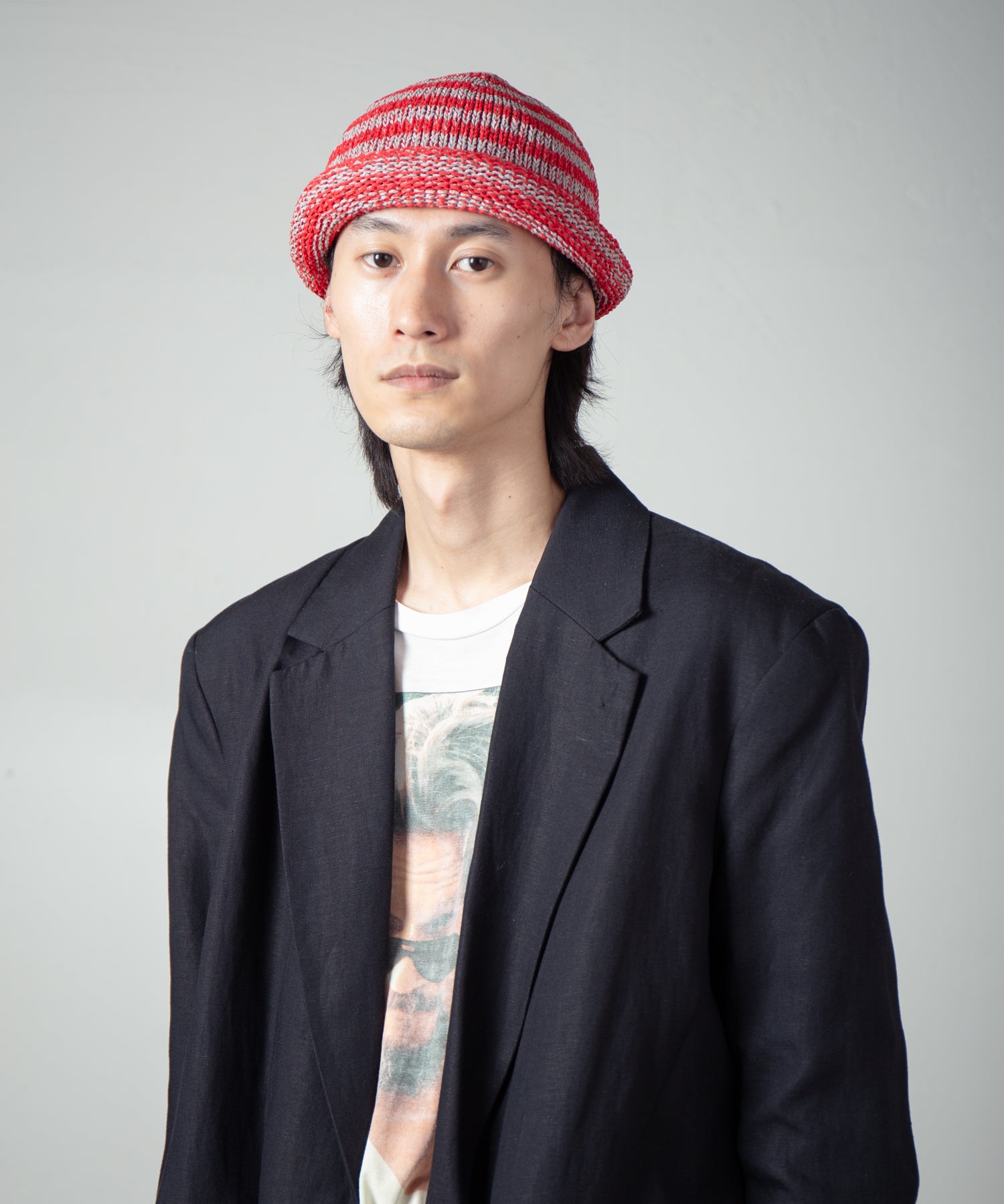 IA-25-113_Gray×Red | Border Roll Knit Cap | Color:Gray×Red【INDIETRO ASSOCIATION_インディエトロアソシエーション】【archive】