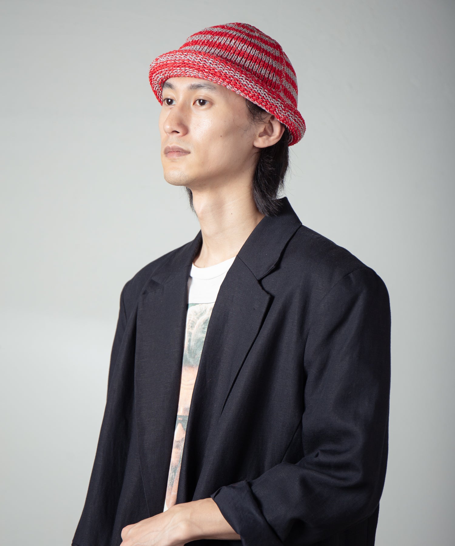 IA-25-113_Gray×Red | Border Roll Knit Cap | Color:Gray×Red【INDIETRO ASSOCIATION_インディエトロアソシエーション】【archive】