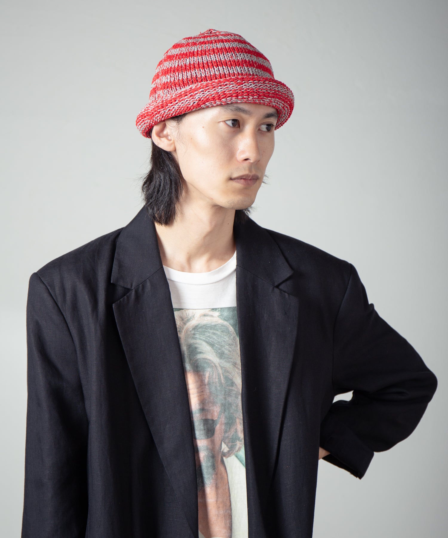 IA-25-113_Gray×Red | Border Roll Knit Cap | Color:Gray×Red【INDIETRO ASSOCIATION_インディエトロアソシエーション】【archive】