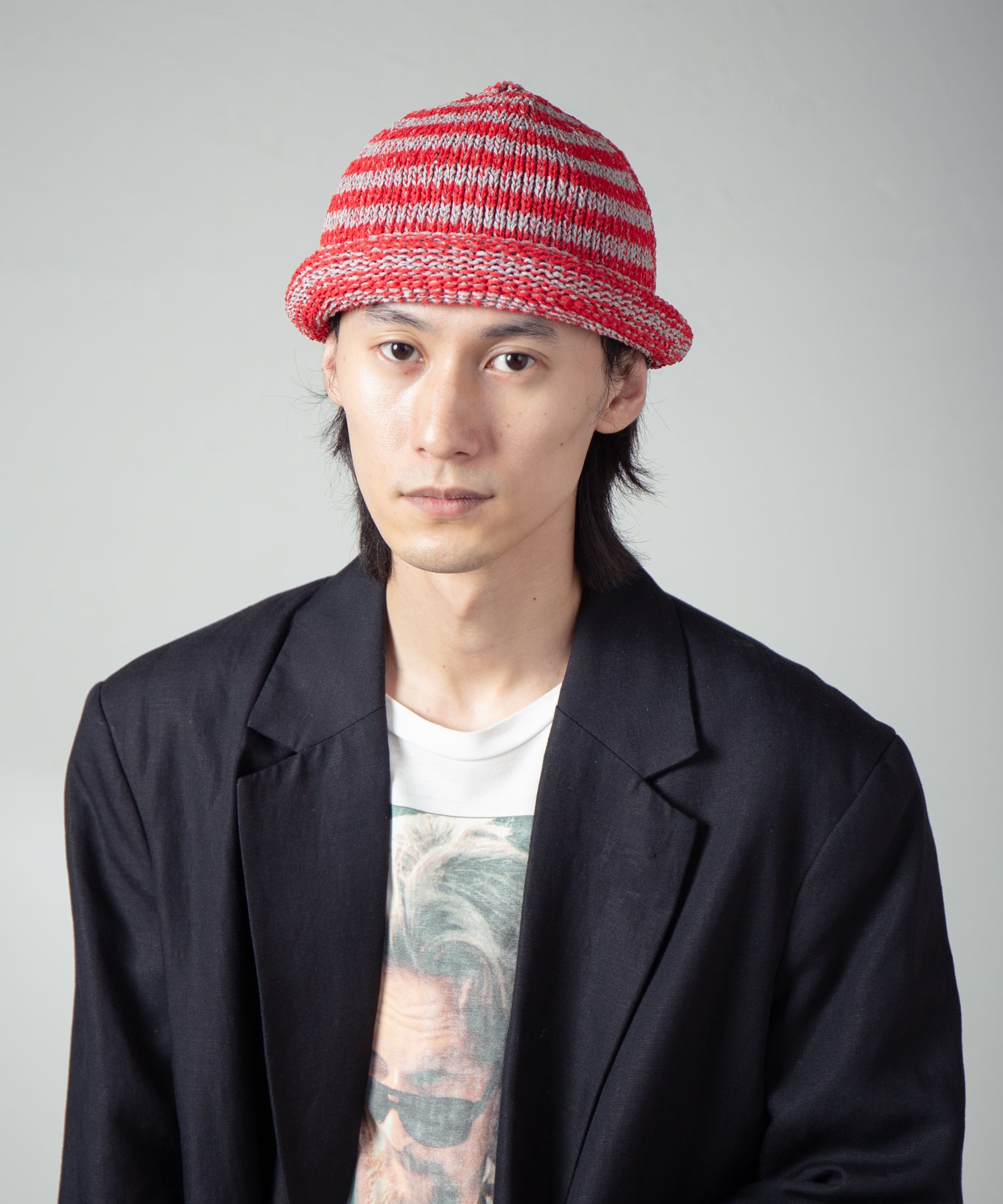 IA-25-113_Gray×Red | Border Roll Knit Cap | Color:Gray×Red【INDIETRO ASSOCIATION_インディエトロアソシエーション】【archive】
