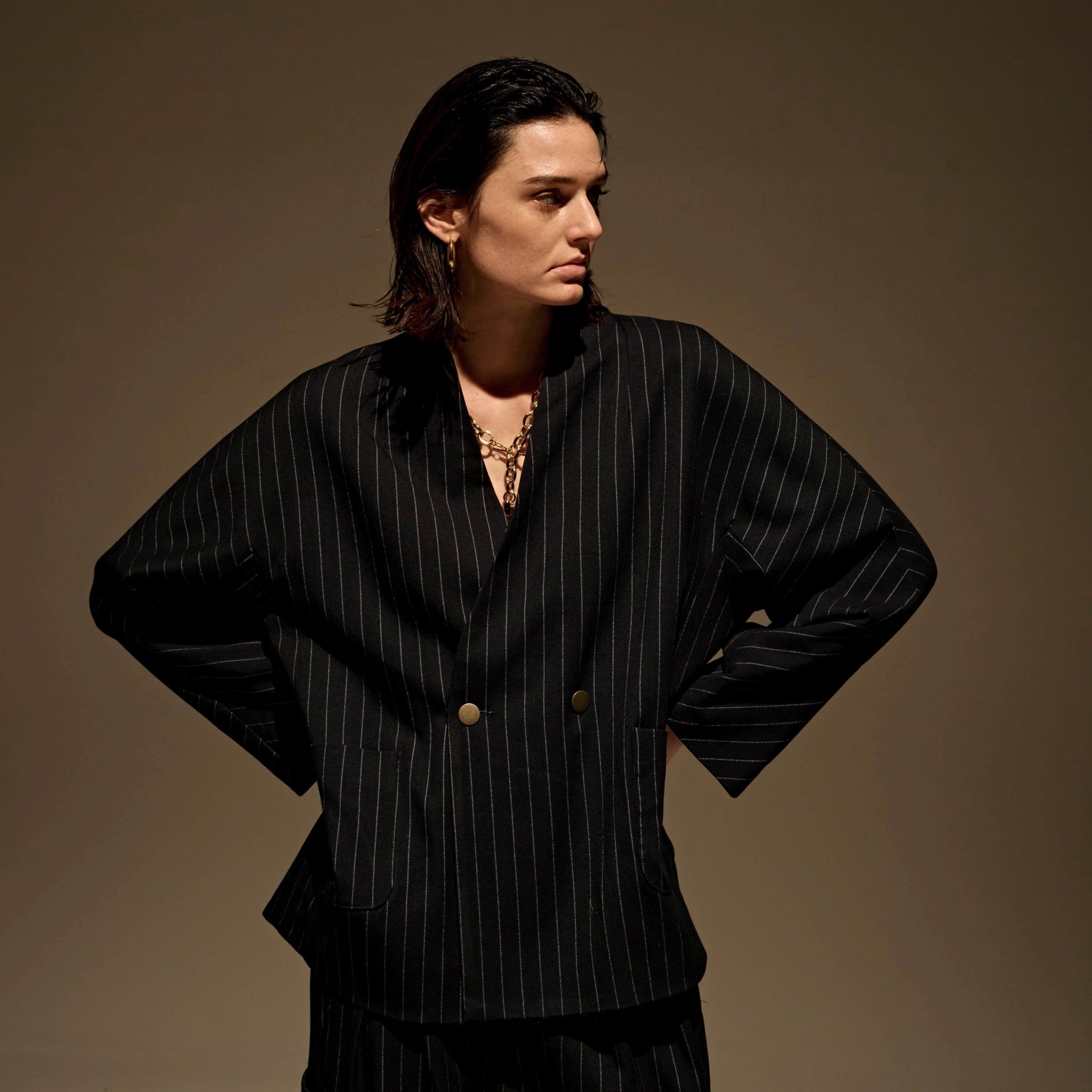 MIL24FJK3229_navy st | COLLARLESS STRIPE JACKET | Color:Navy St【KHA:KI_カーキ】