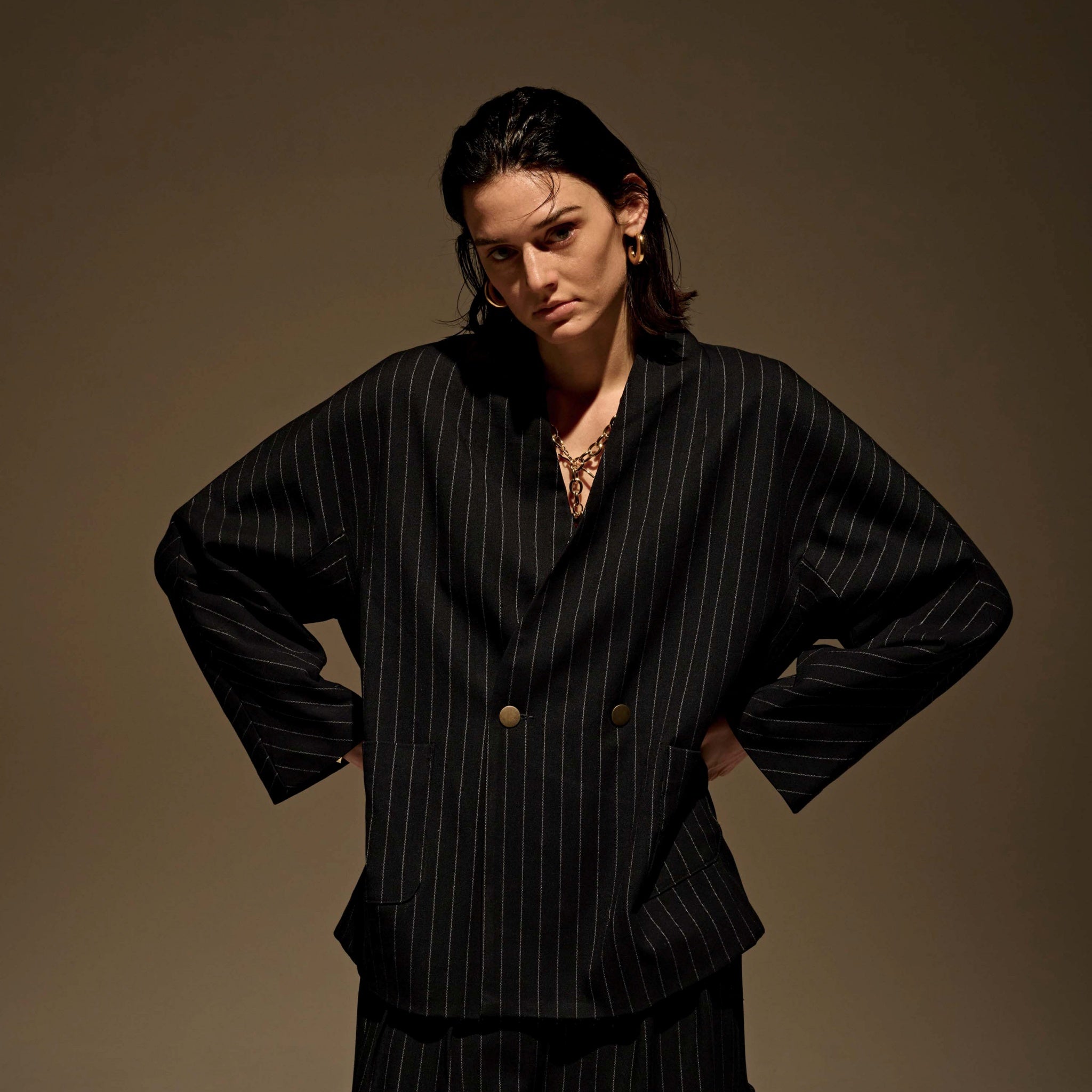 MIL24FJK3229_navy st | COLLARLESS STRIPE JACKET | Color:Navy St【KHA:KI_カーキ】