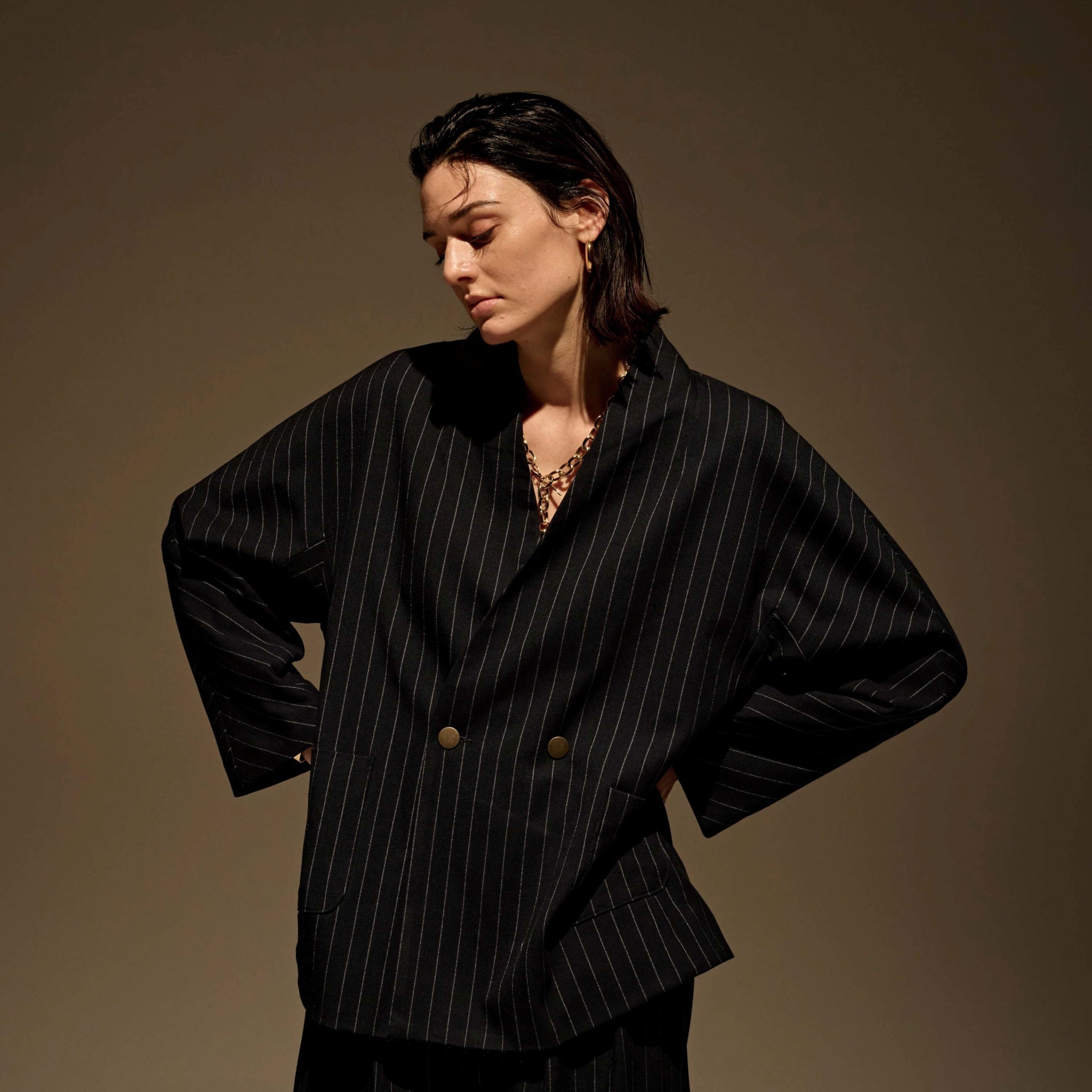 MIL24FJK3229_navy st | COLLARLESS STRIPE JACKET | Color:Navy St【KHA:KI_カーキ】